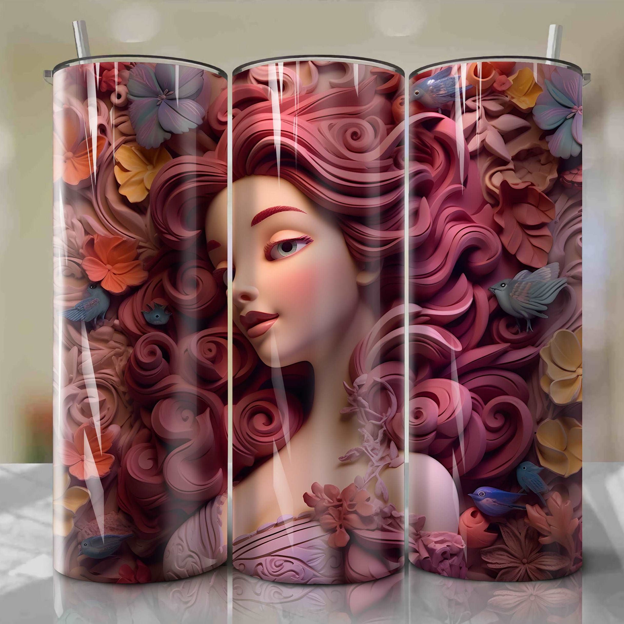 3D Floral Megara Skinny Tumbler 20oz Wrap PNG - Sublimation