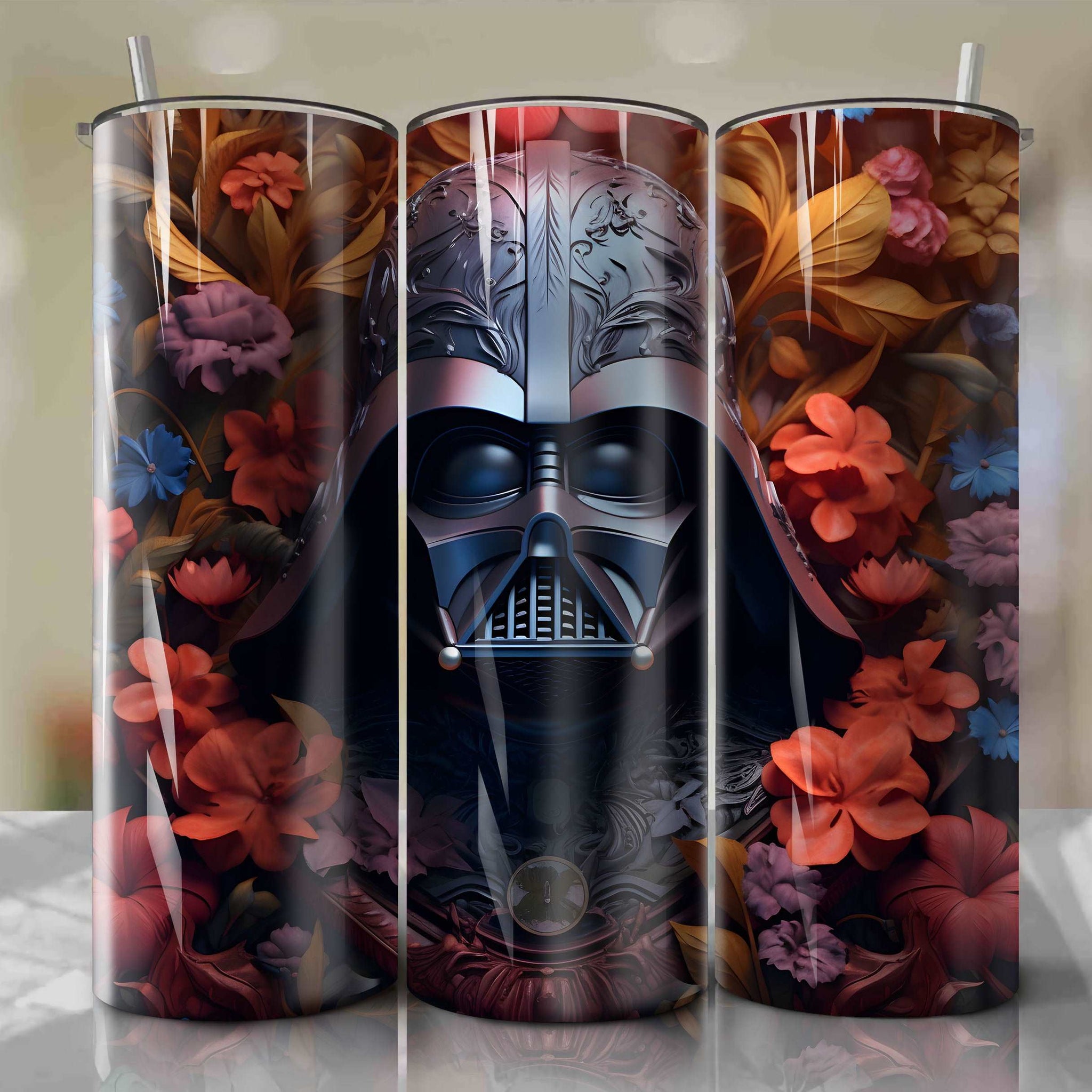 3D Floral Skinny Tumbler 20oz Wrap PNG - Sublimation - Digital Download - Darth Vader