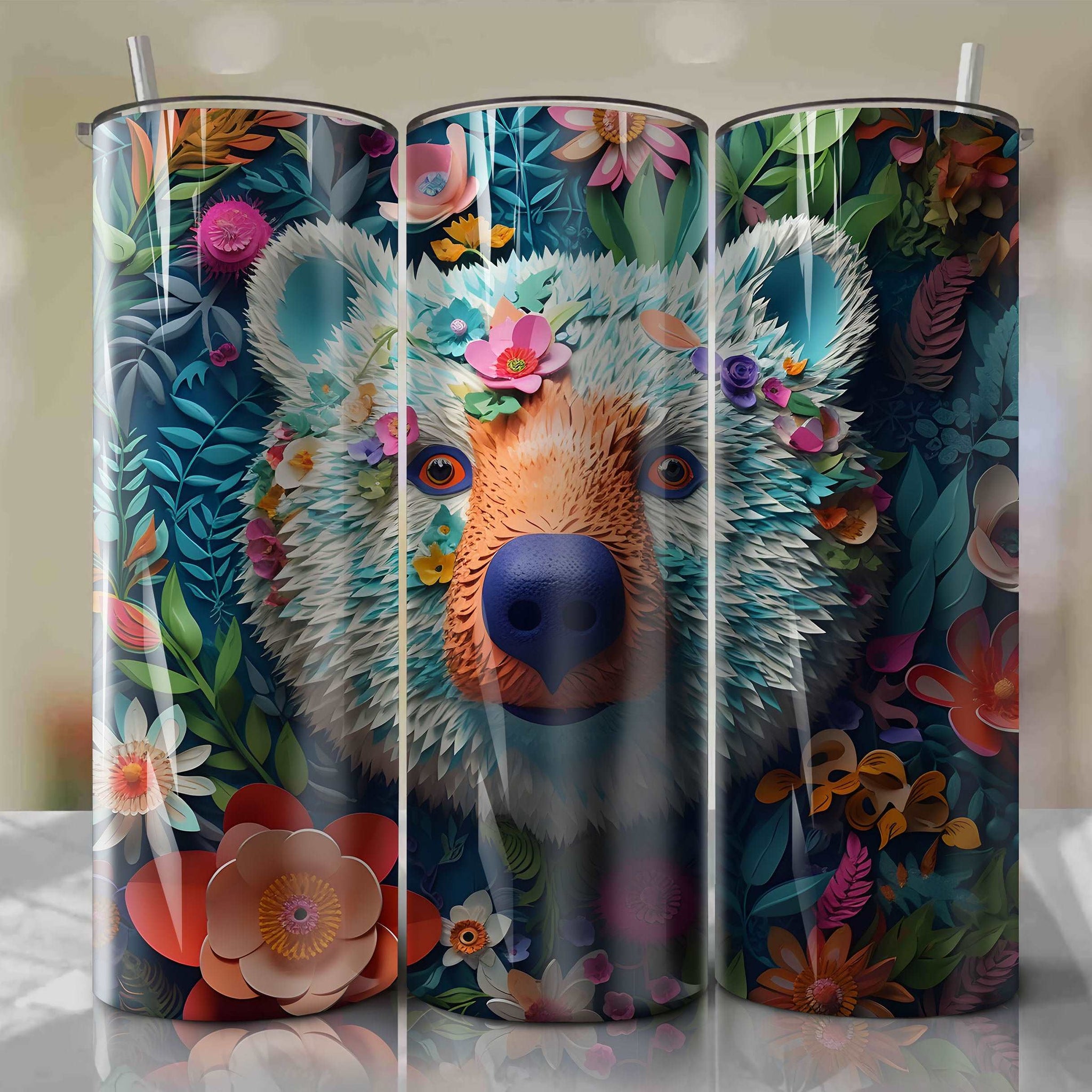 3D Floral Baloo Skinny Tumbler 20oz Wrap PNG - Sublimation