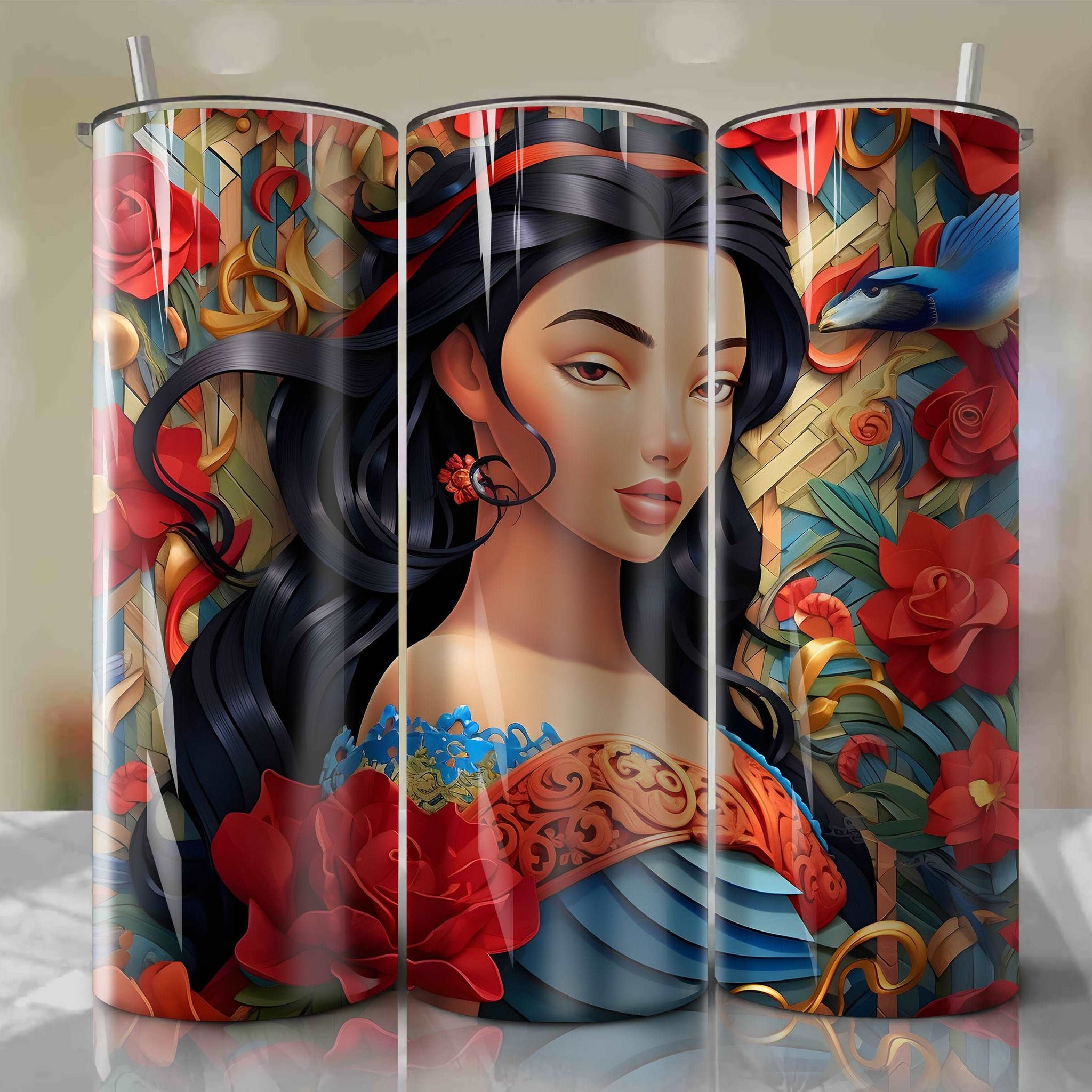 3D Floral Mulan Skinny Tumbler 20oz Wrap PNG - Sublimation