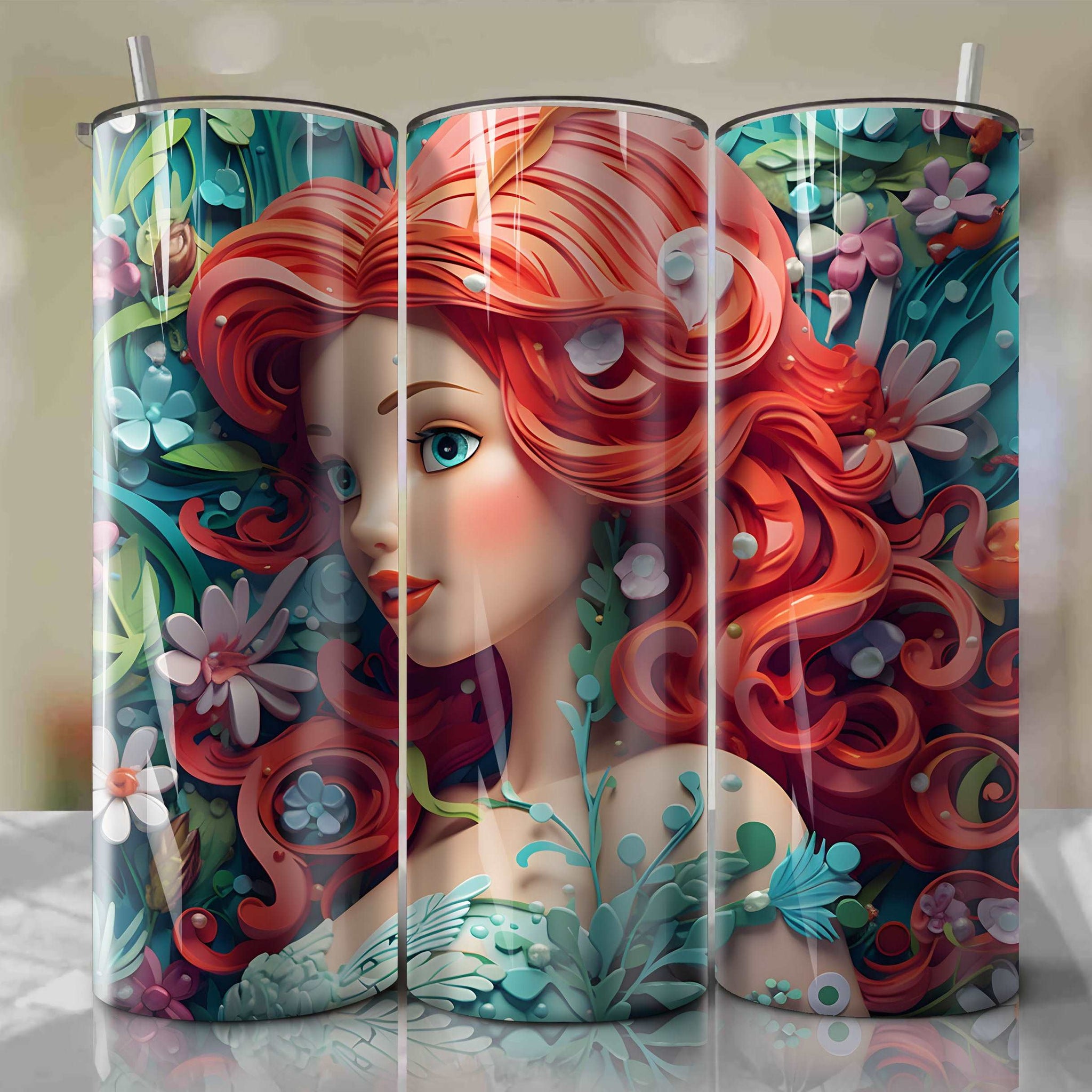 3D Floral Ariel Skinny Tumbler 20oz Wrap PNG - Sublimation