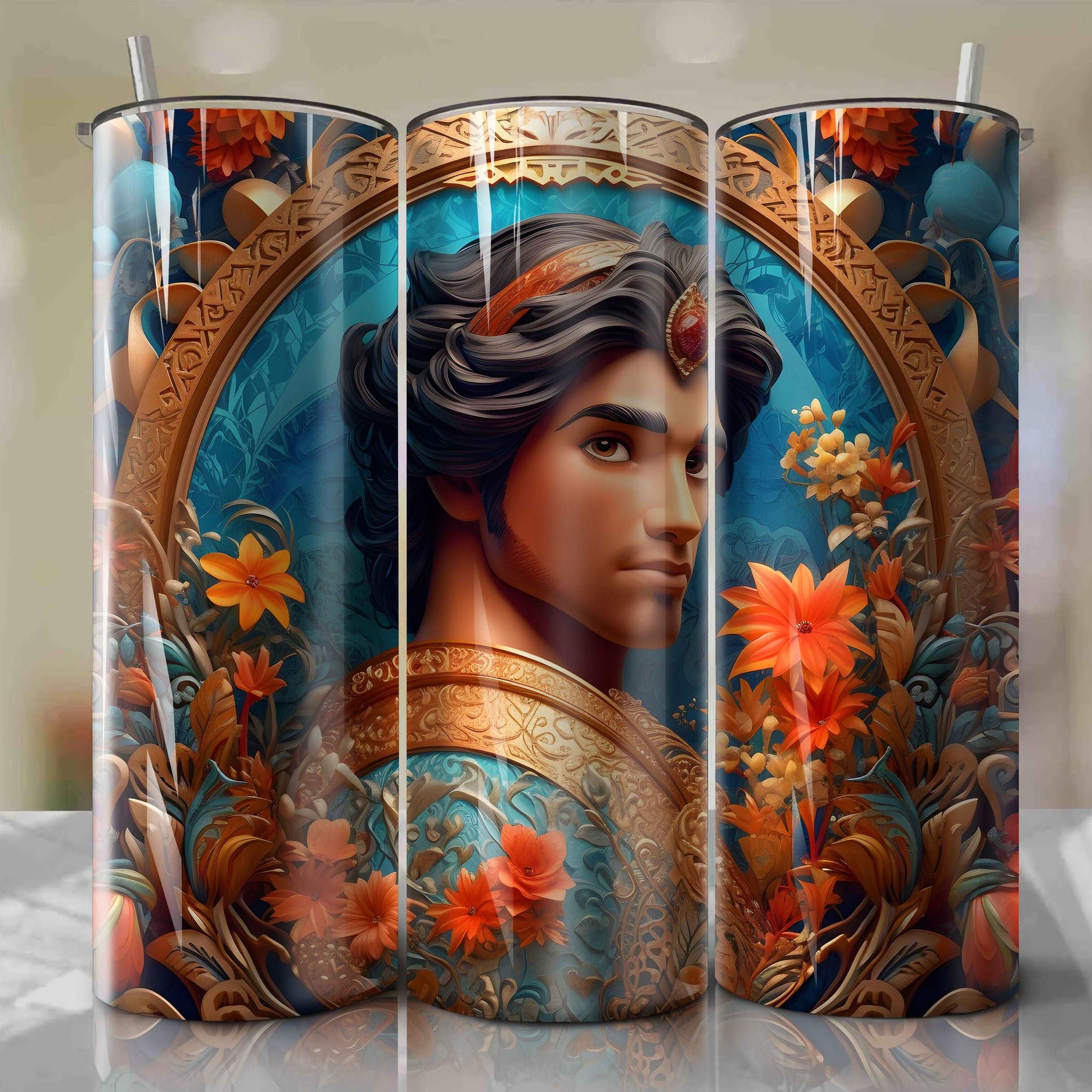 3D Floral Aladdin Skinny Tumbler 20oz Wrap PNG - Sublimation