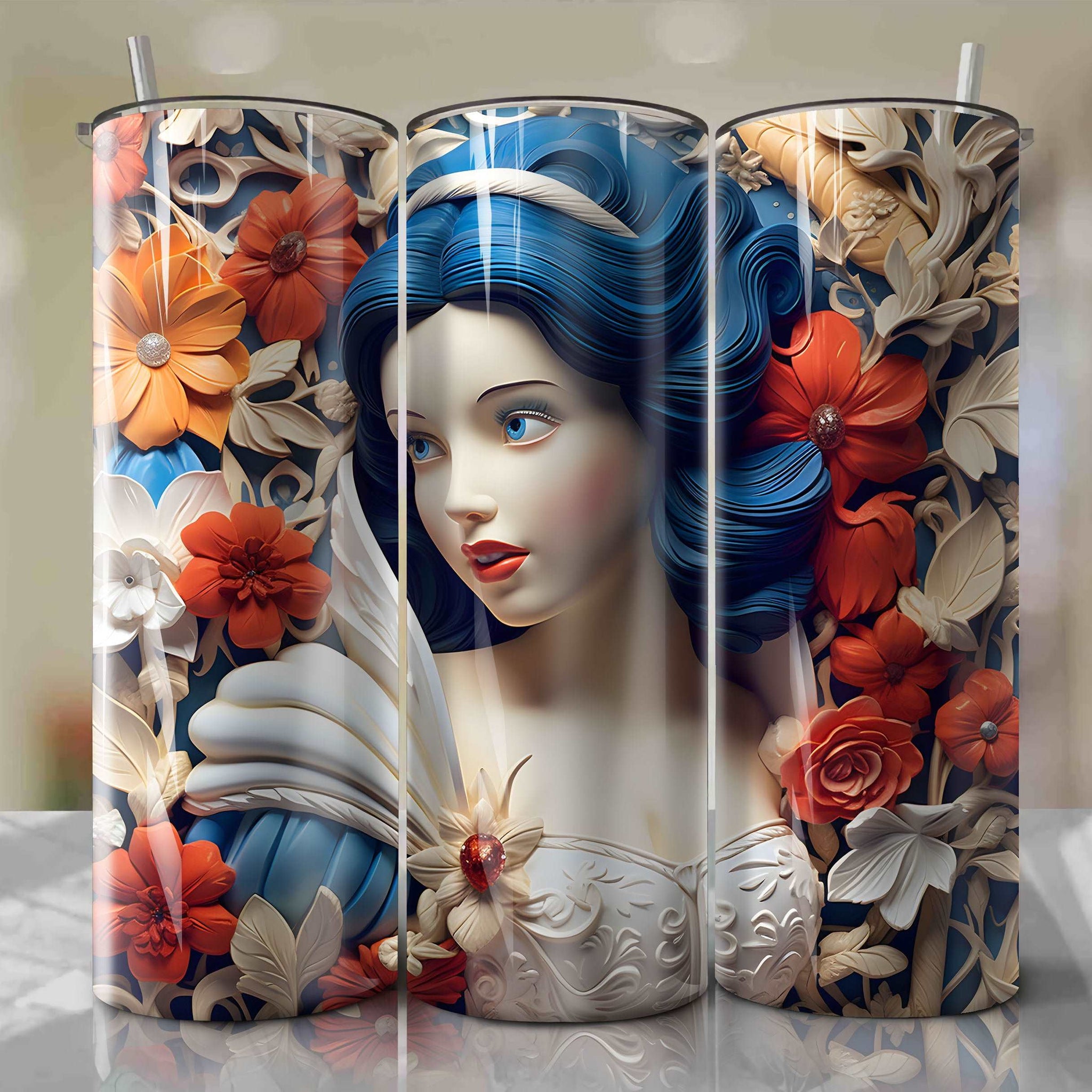 3D Floral Snow White Skinny Tumbler 20oz Wrap PNG - Sublimation