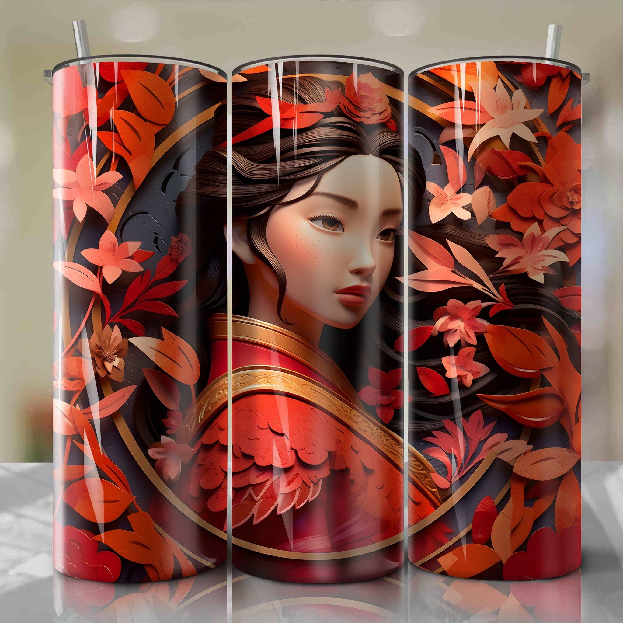 3D Floral Mulan Skinny Tumbler 20oz Wrap PNG - Sublimation