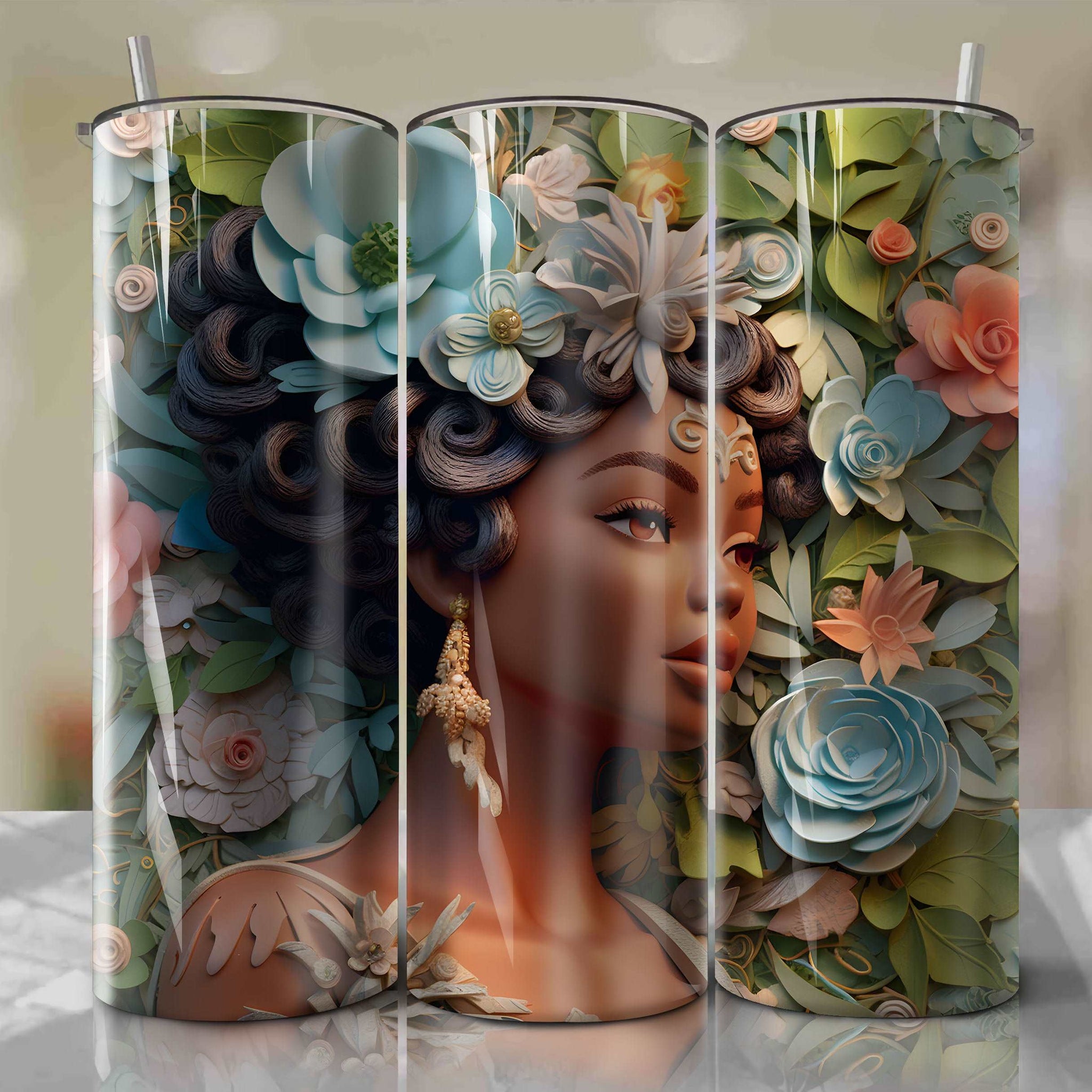 3D Floral Tiana Skinny Tumbler 20oz Wrap PNG - Sublimation