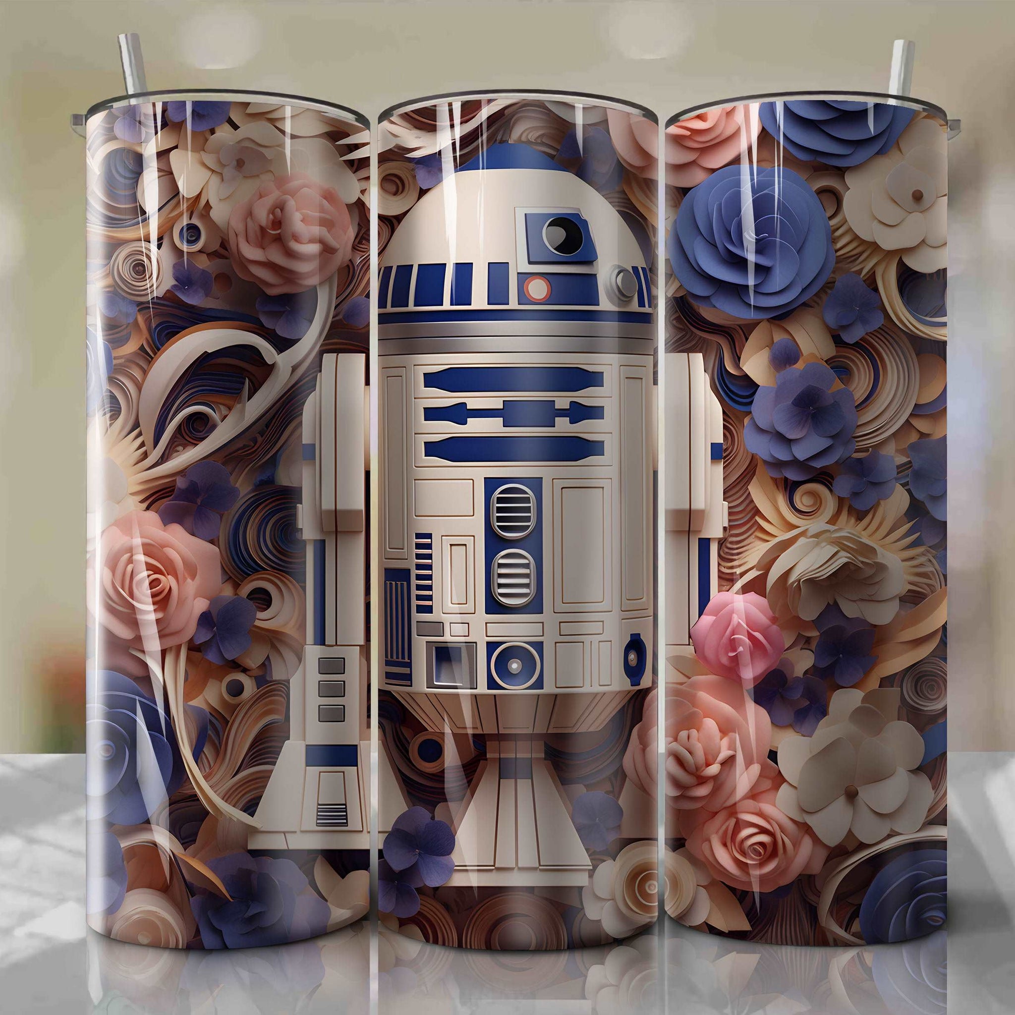 3D Floral Skinny Tumbler 20oz Wrap PNG - Sublimation - Digital Download - R2-D2