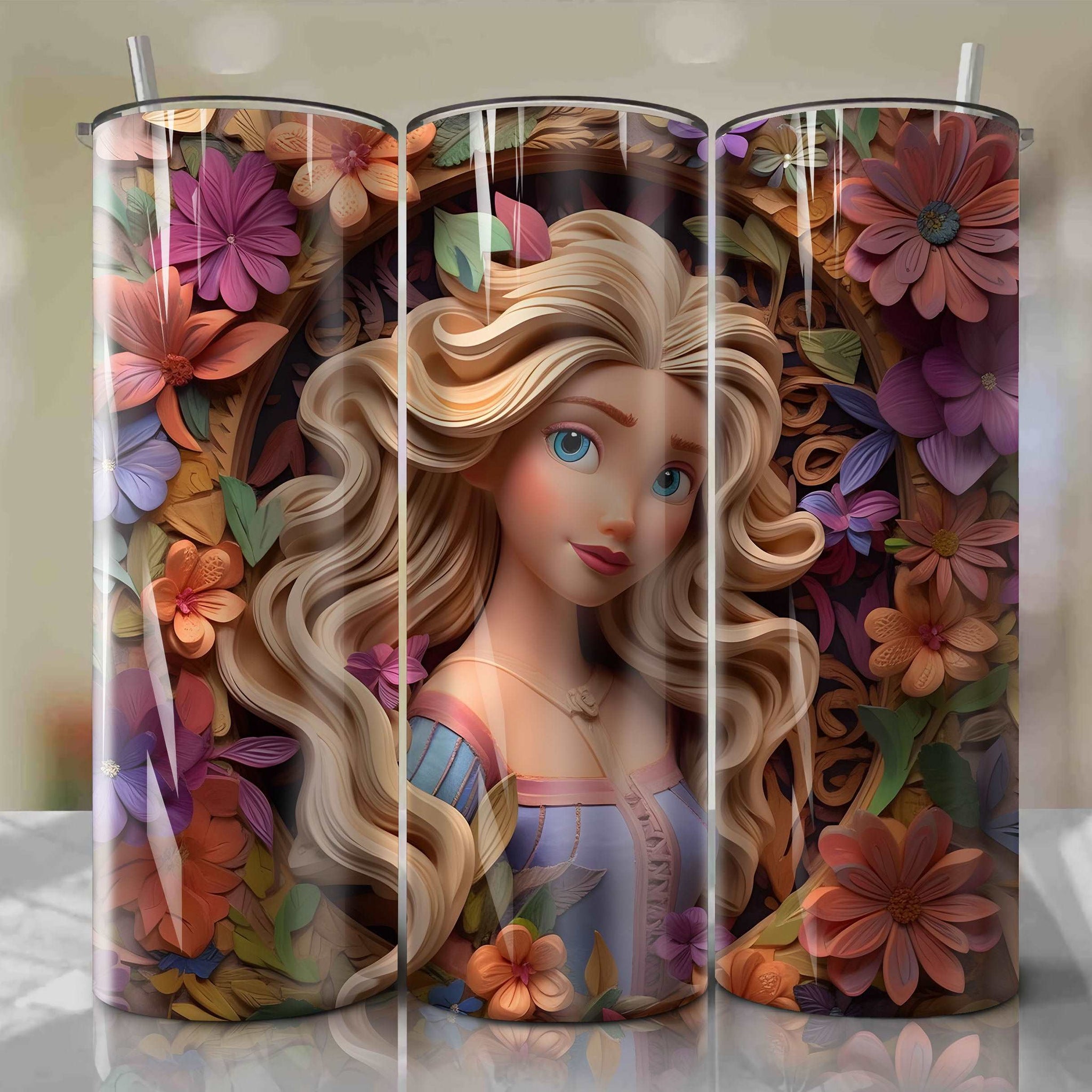 3D Floral Rapunzel Skinny Tumbler 20oz Wrap PNG - Sublimation