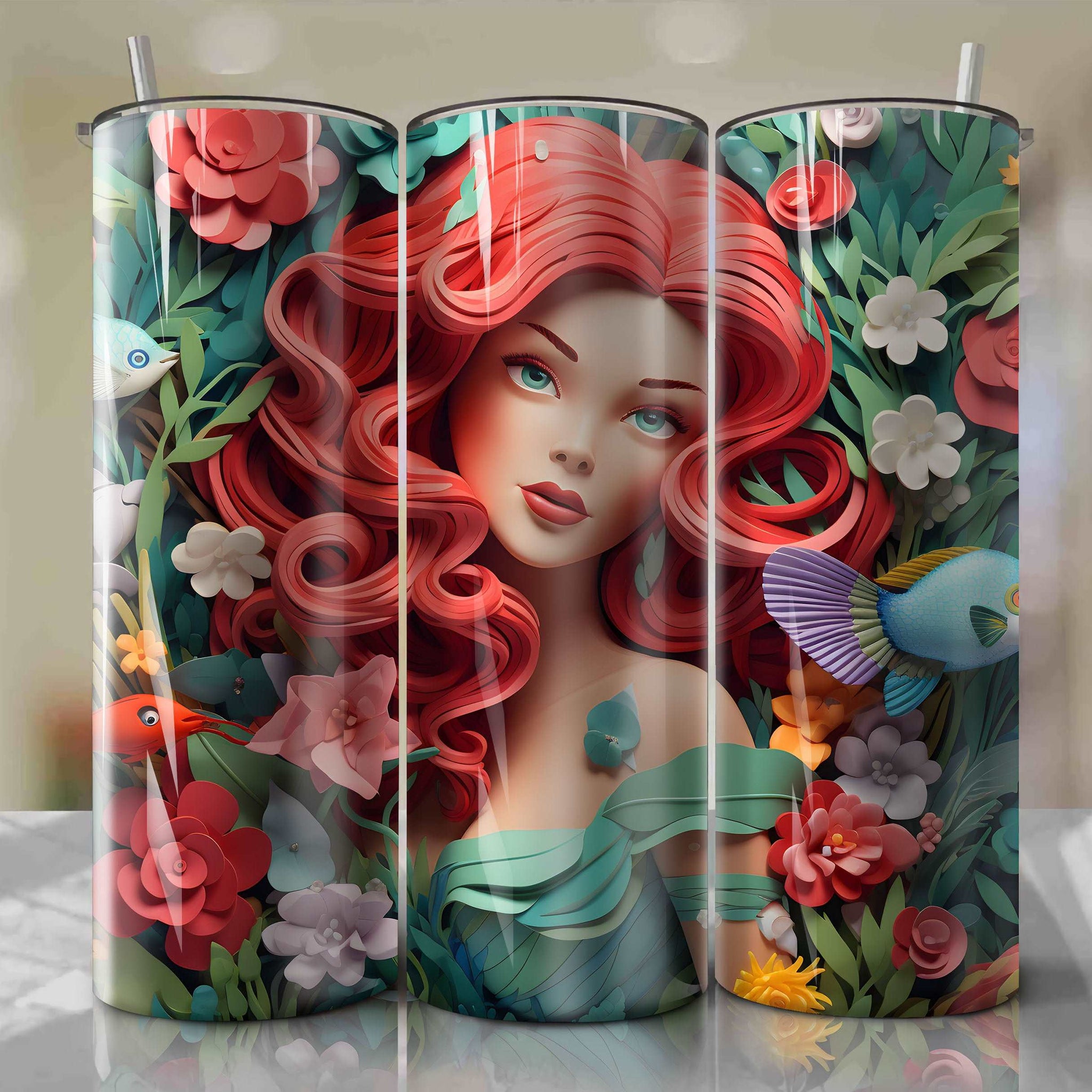 3D Floral Ariel Skinny Tumbler 20oz Wrap PNG - Sublimation