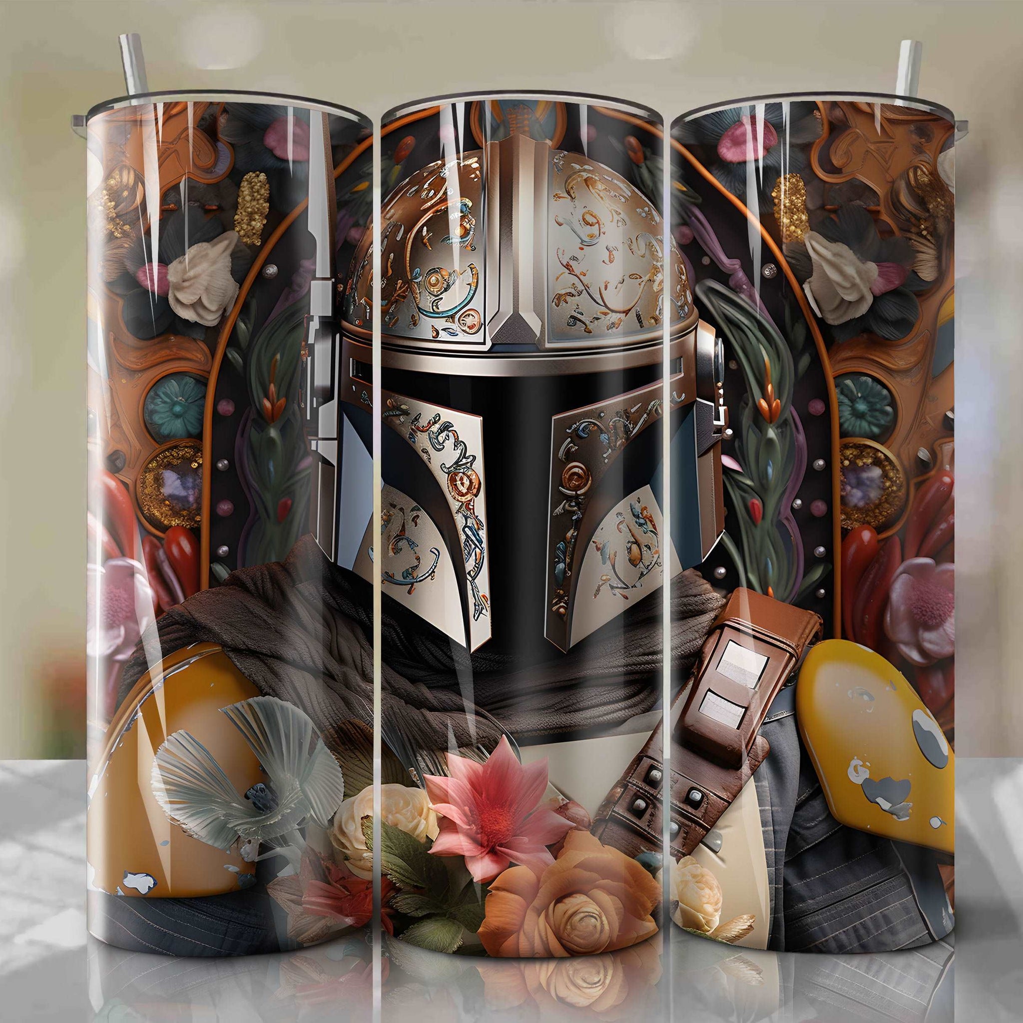 3D Floral Skinny Tumbler 20oz Wrap PNG - Sublimation - Digital Download - The Mandalorian Din Djarin