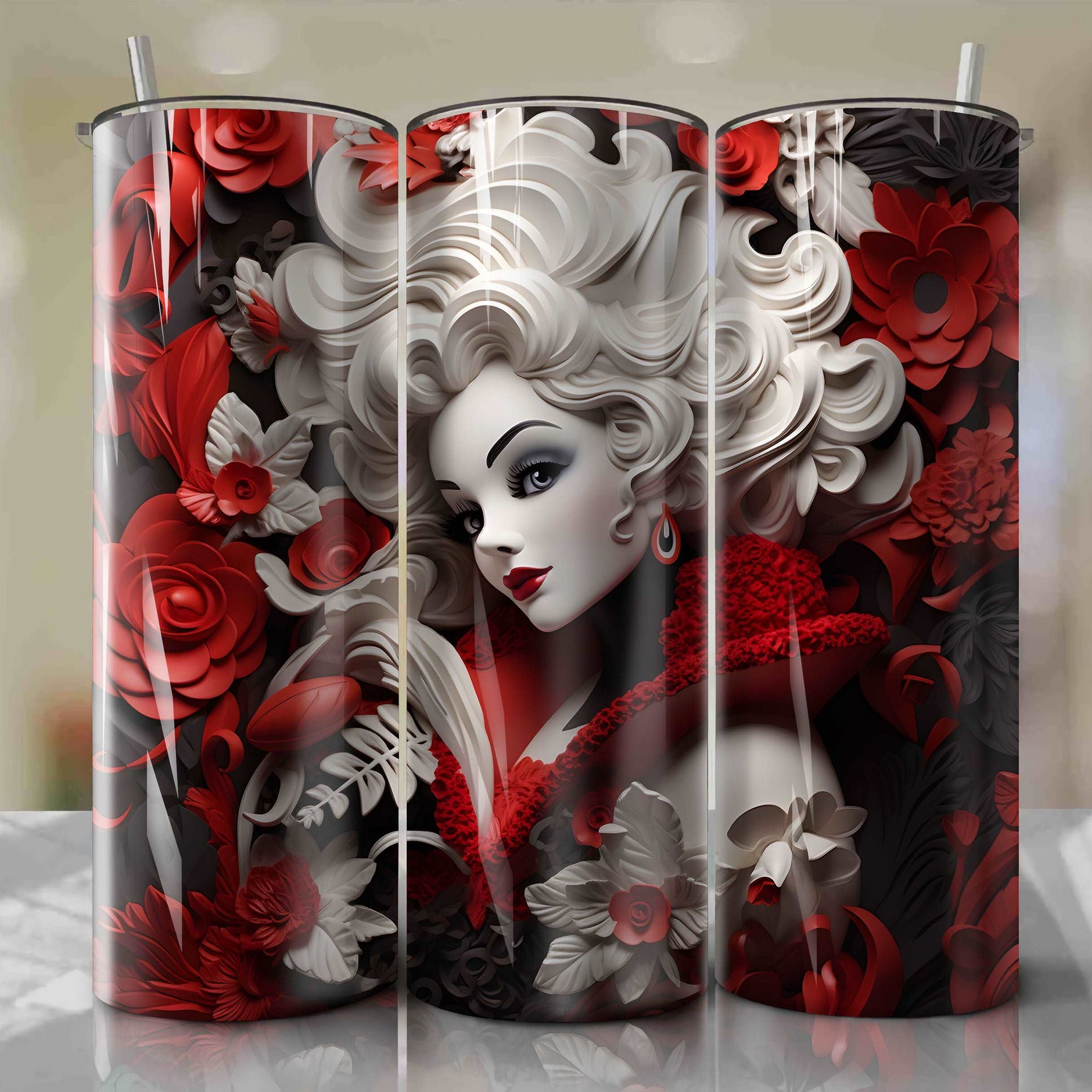 3D Floral Cruella de Vil Skinny Tumbler 20oz Wrap PNG - Sublimation