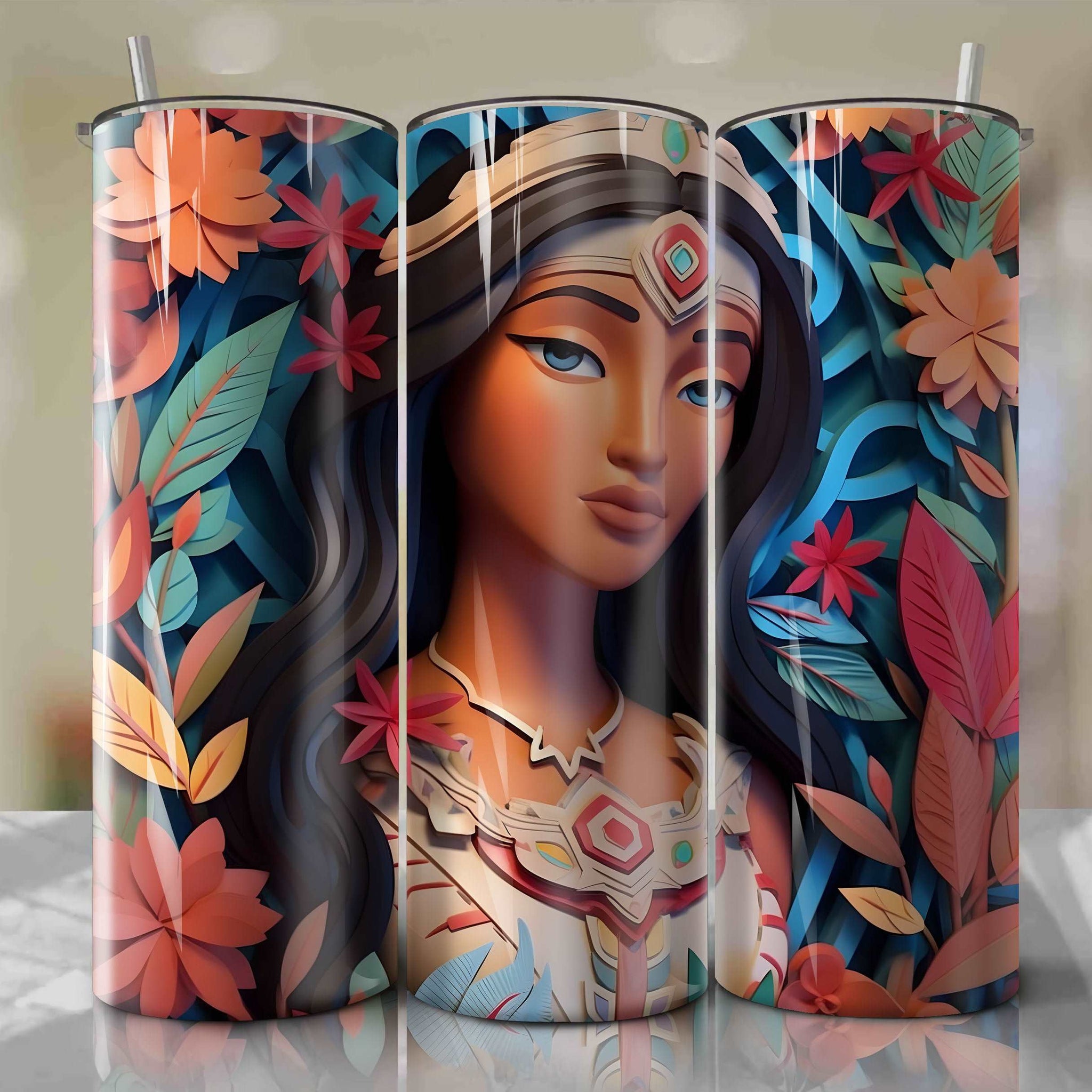 3D Floral Pocahontas Skinny Tumbler 20oz Wrap PNG - Sublimation