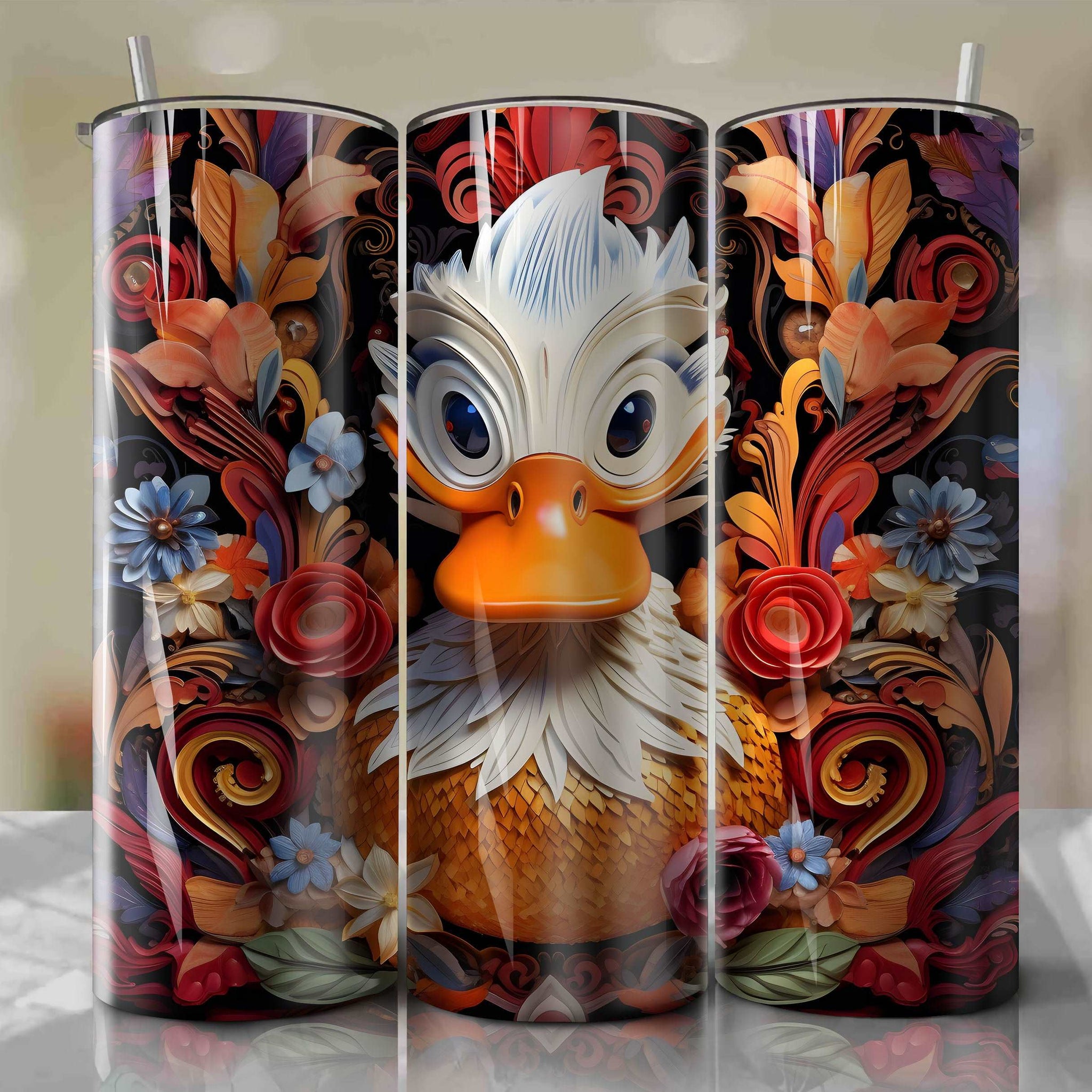 3D Floral Louie Duck Skinny Tumbler 20oz Wrap PNG - Sublimation