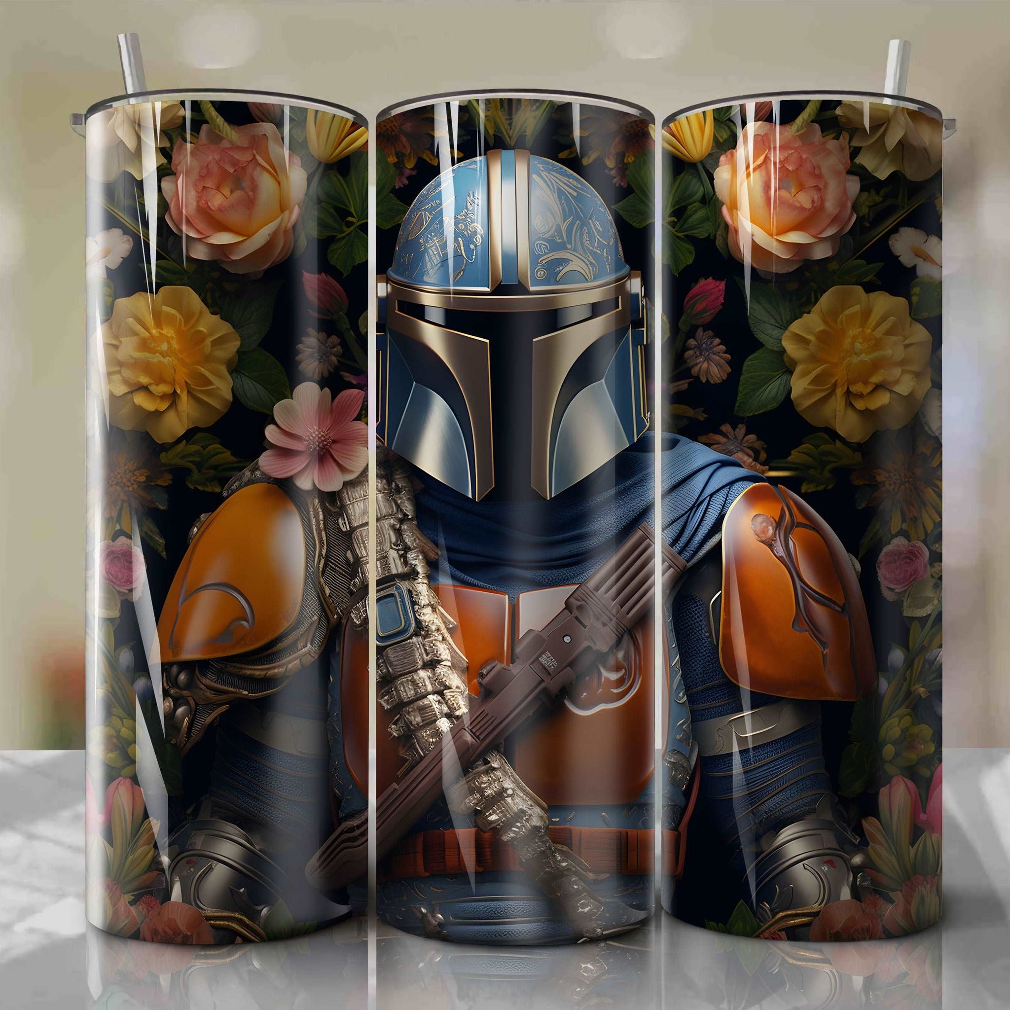 3D Floral Skinny Tumbler 20oz Wrap PNG - Sublimation - Digital Download - The Mandalorian Din Djarin