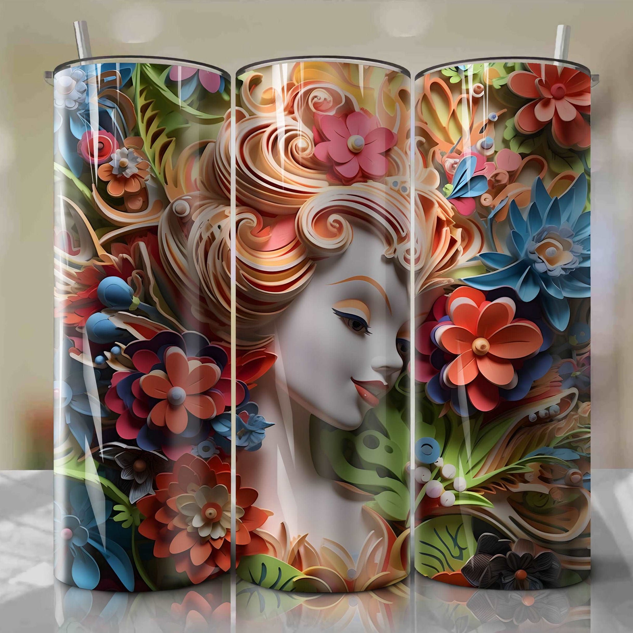 3D Floral Perdita Skinny Tumbler 20oz Wrap PNG - Sublimation