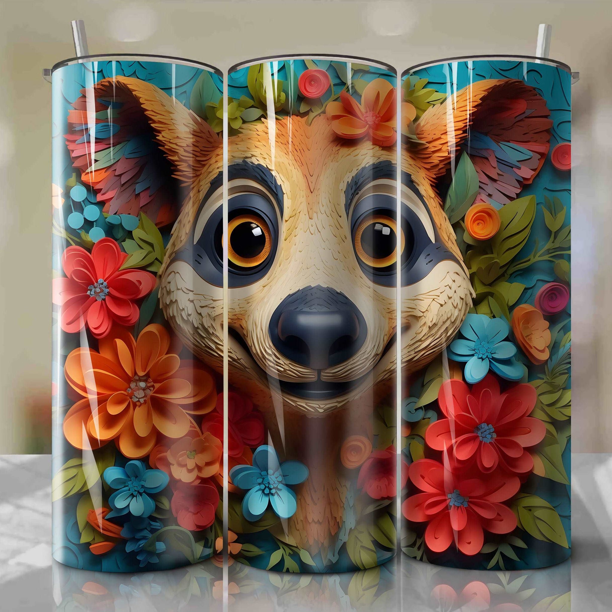 3D Floral Timon Skinny Tumbler 20oz Wrap PNG - Sublimation