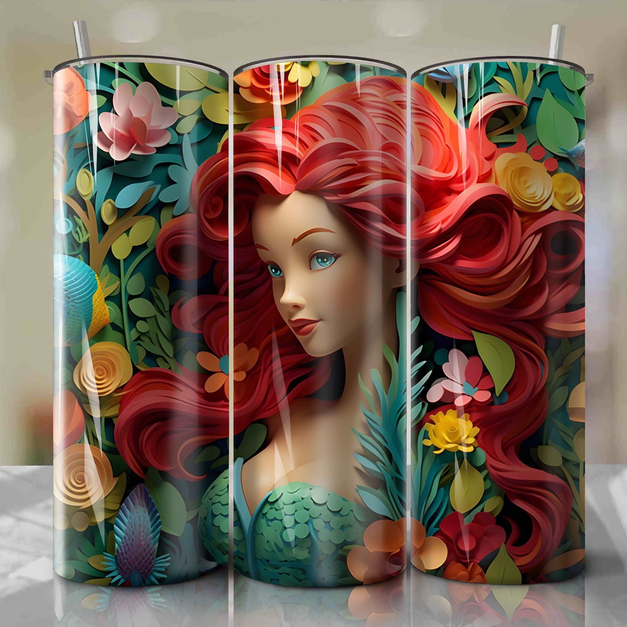 3D Floral Ariel Skinny Tumbler 20oz Wrap PNG - Sublimation