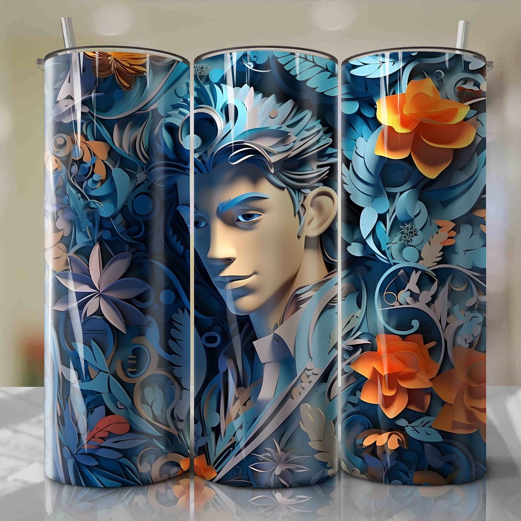 3D Floral Jock Skinny Tumbler 20oz Wrap PNG - Sublimation