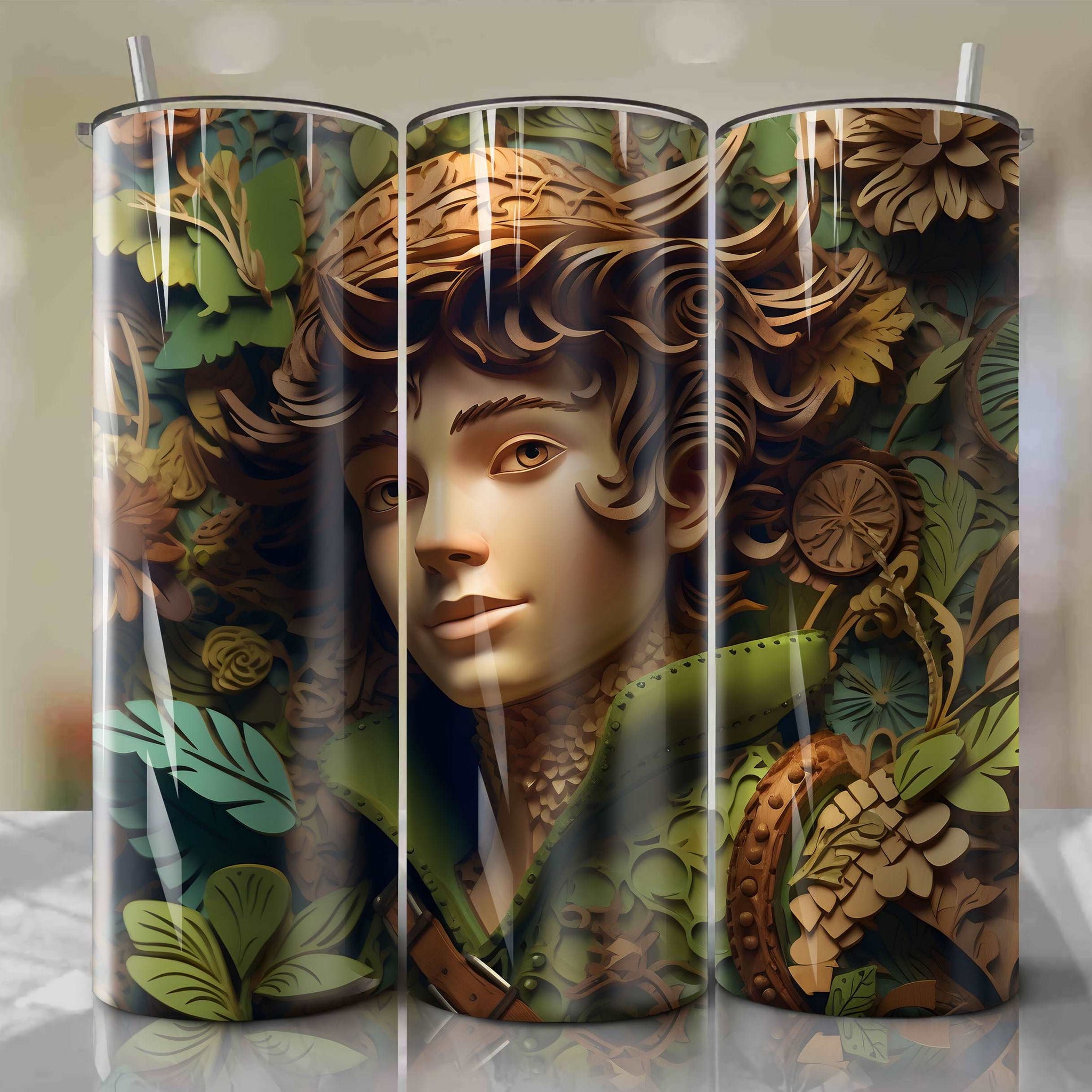 3D Floral Peter Pan Skinny Tumbler 20oz Wrap PNG - Sublimation