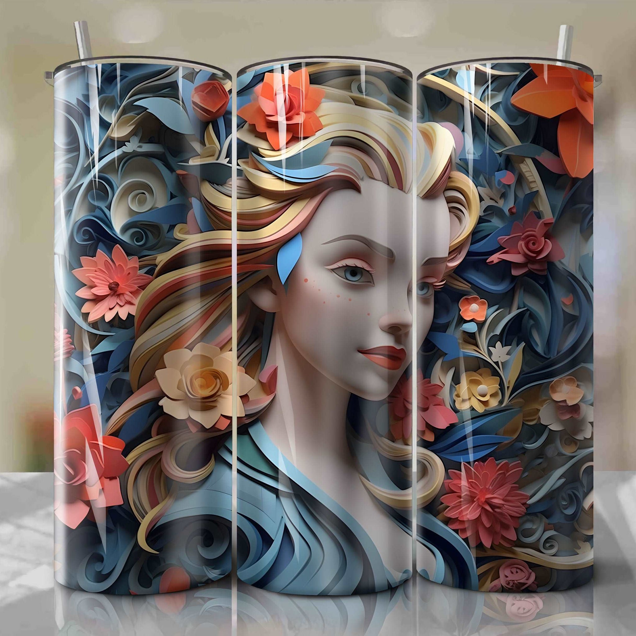 3D Floral Anita Radcliffe Skinny Tumbler 20oz Wrap PNG - Sublimation