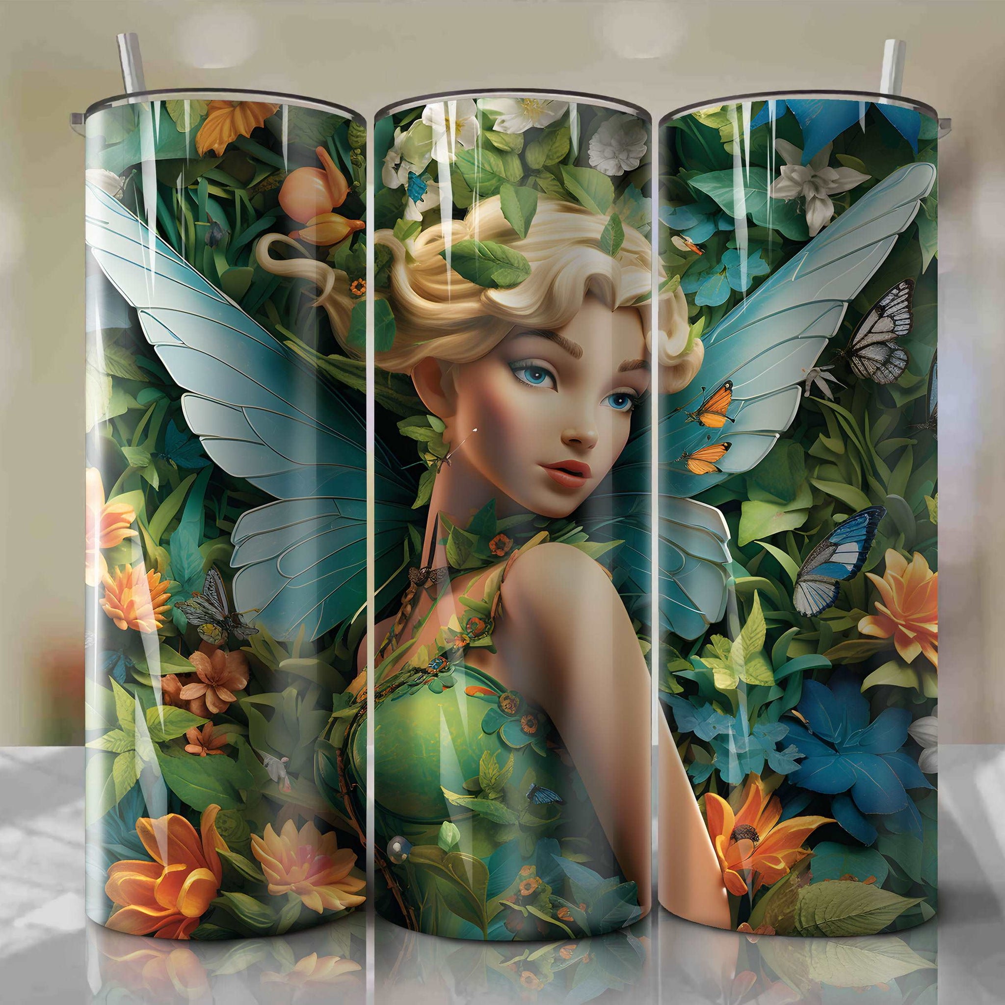 3D Floral Tinker Bell Skinny Tumbler 20oz Wrap PNG - Sublimation