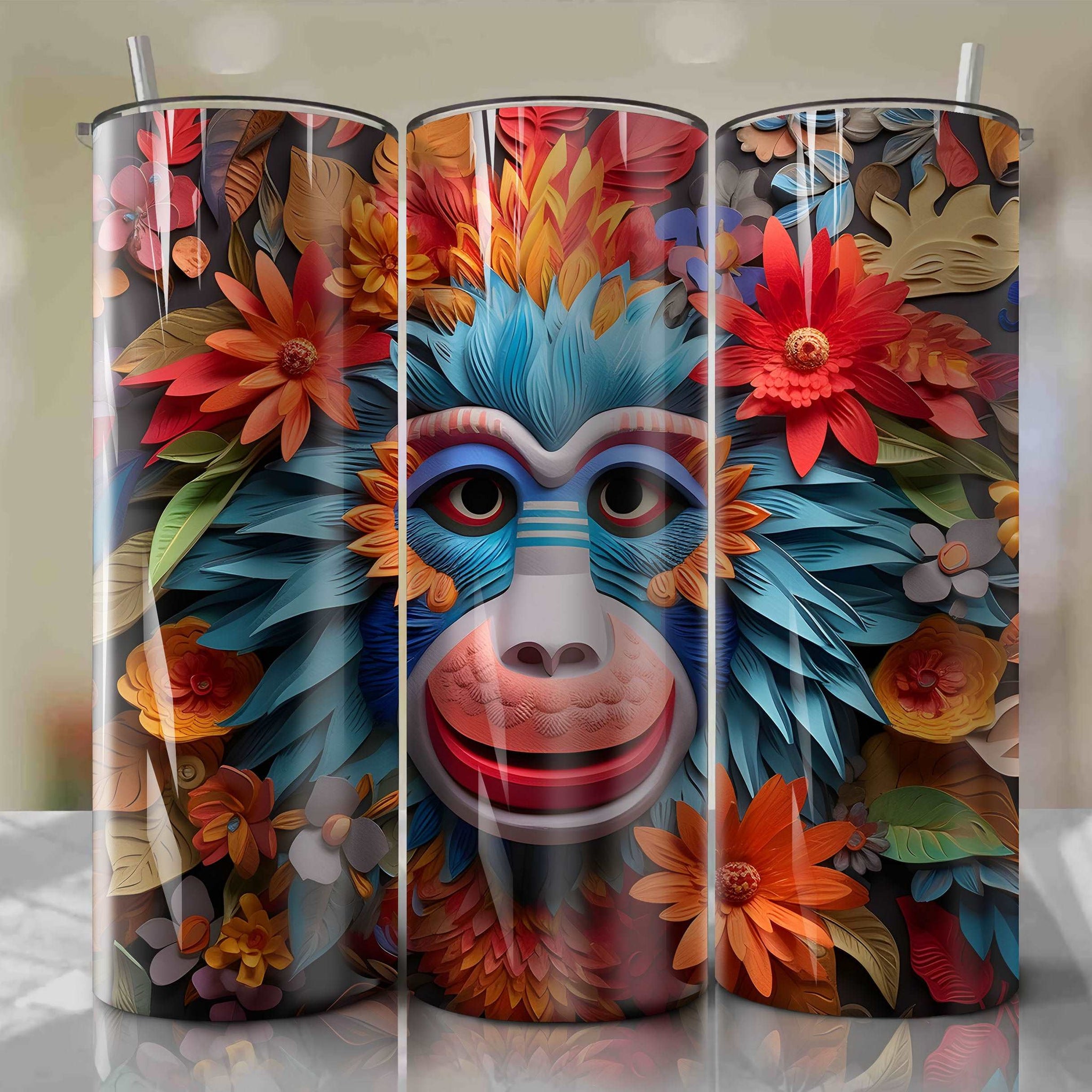 3D Floral Rafiki Skinny Tumbler 20oz Wrap PNG - Sublimation