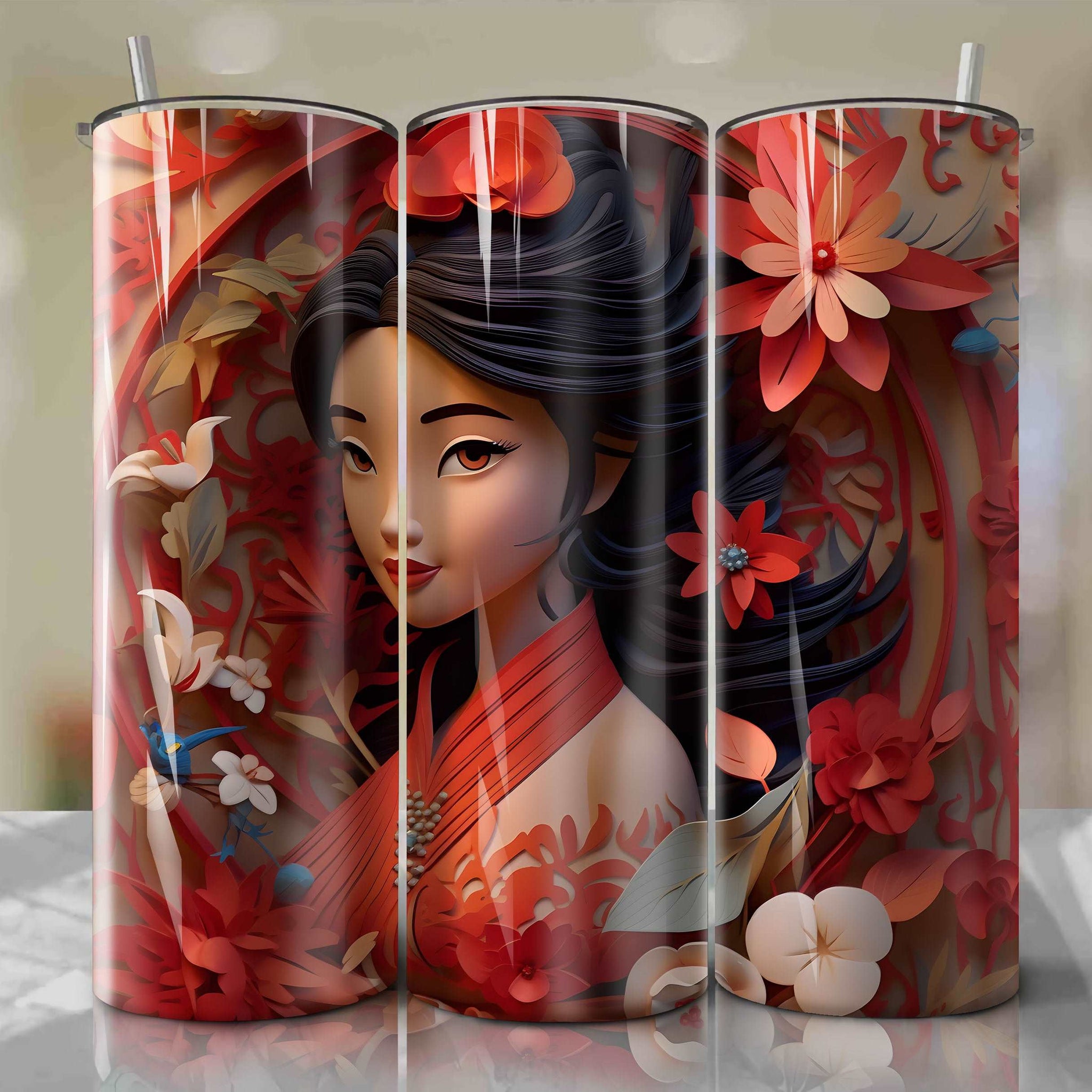 3D Floral Mulan Skinny Tumbler 20oz Wrap PNG - Sublimation