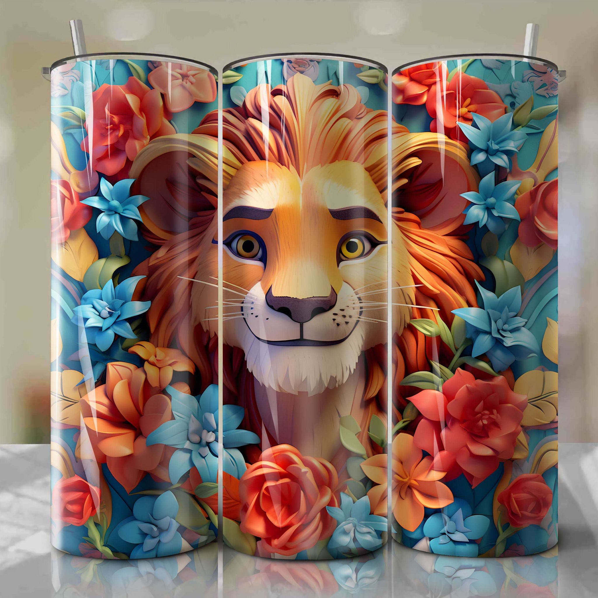 3D Floral Simba Skinny Tumbler 20oz Wrap PNG - Sublimation