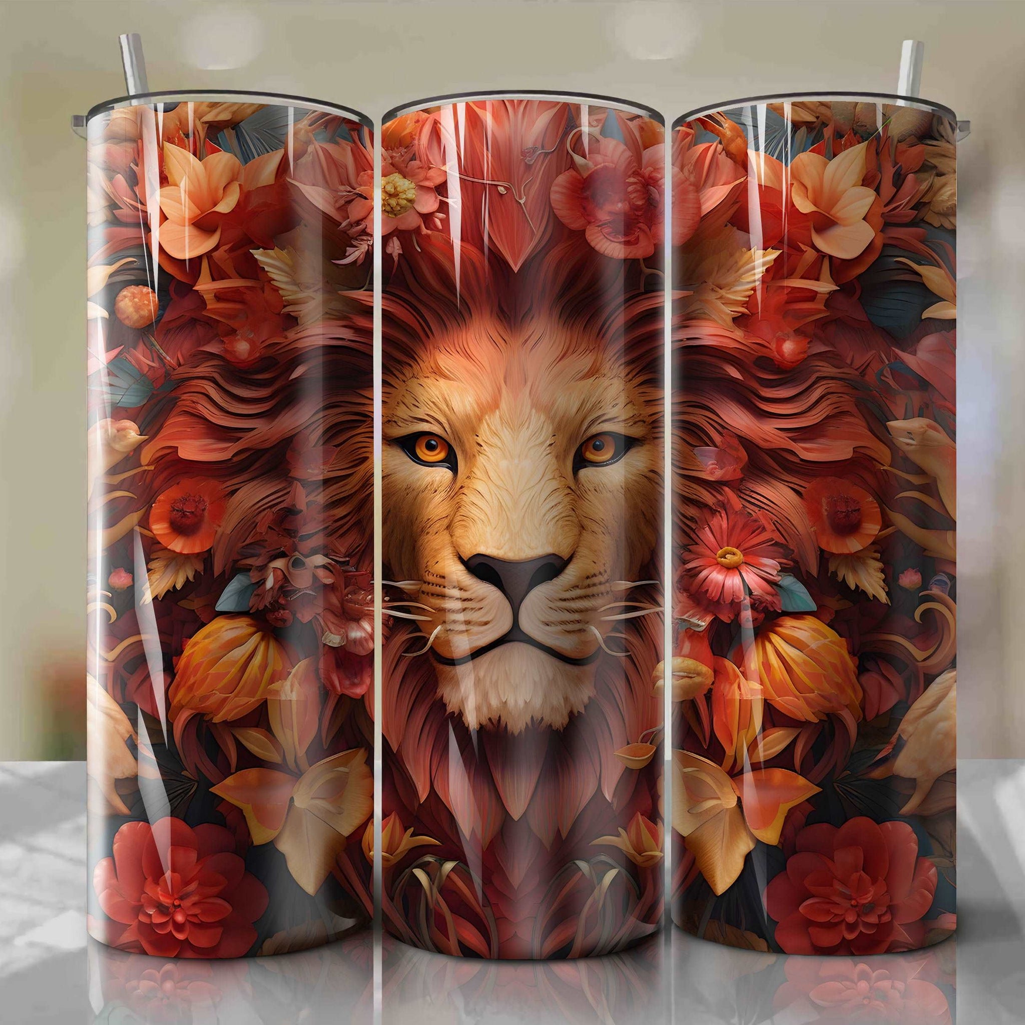 3D Floral Mufasa Skinny Tumbler 20oz Wrap PNG - Sublimation