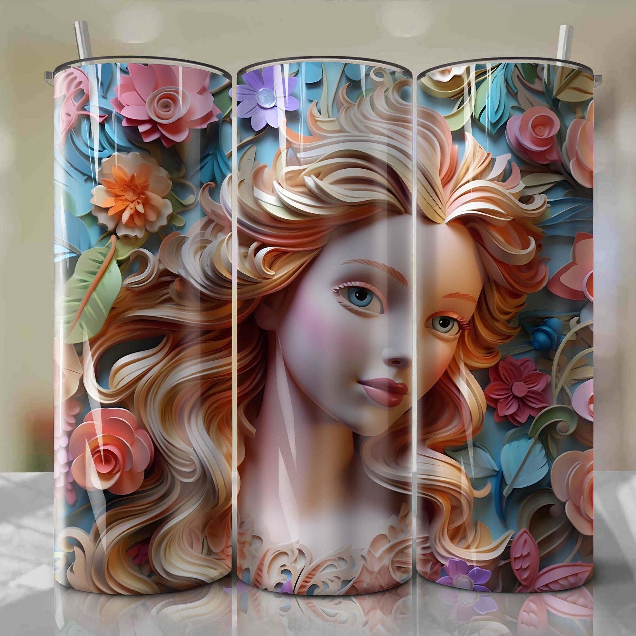 3D Floral Anna Skinny Tumbler 20oz Wrap PNG - Sublimation