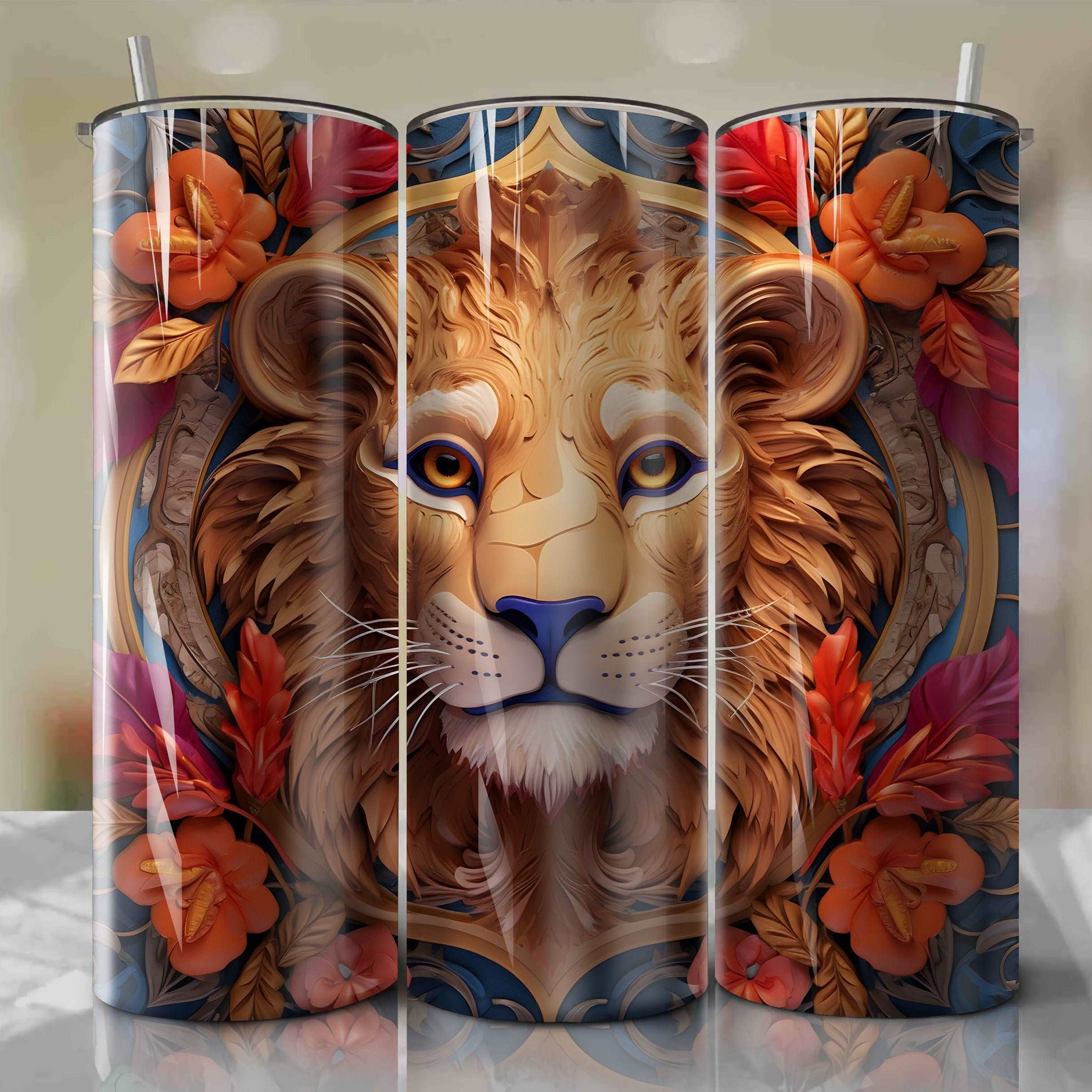 3D Floral Simba Skinny Tumbler 20oz Wrap PNG - Sublimation