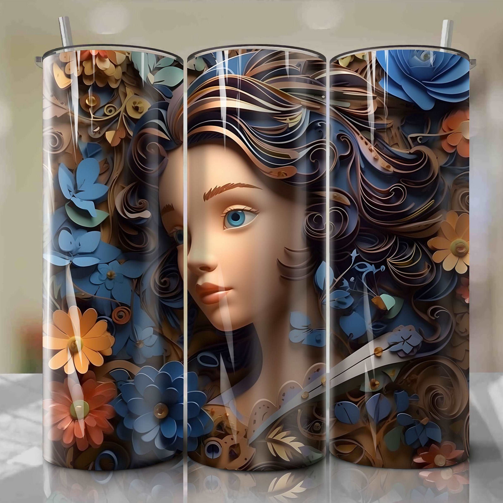 3D Floral Trusty Skinny Tumbler 20oz Wrap PNG - Sublimation