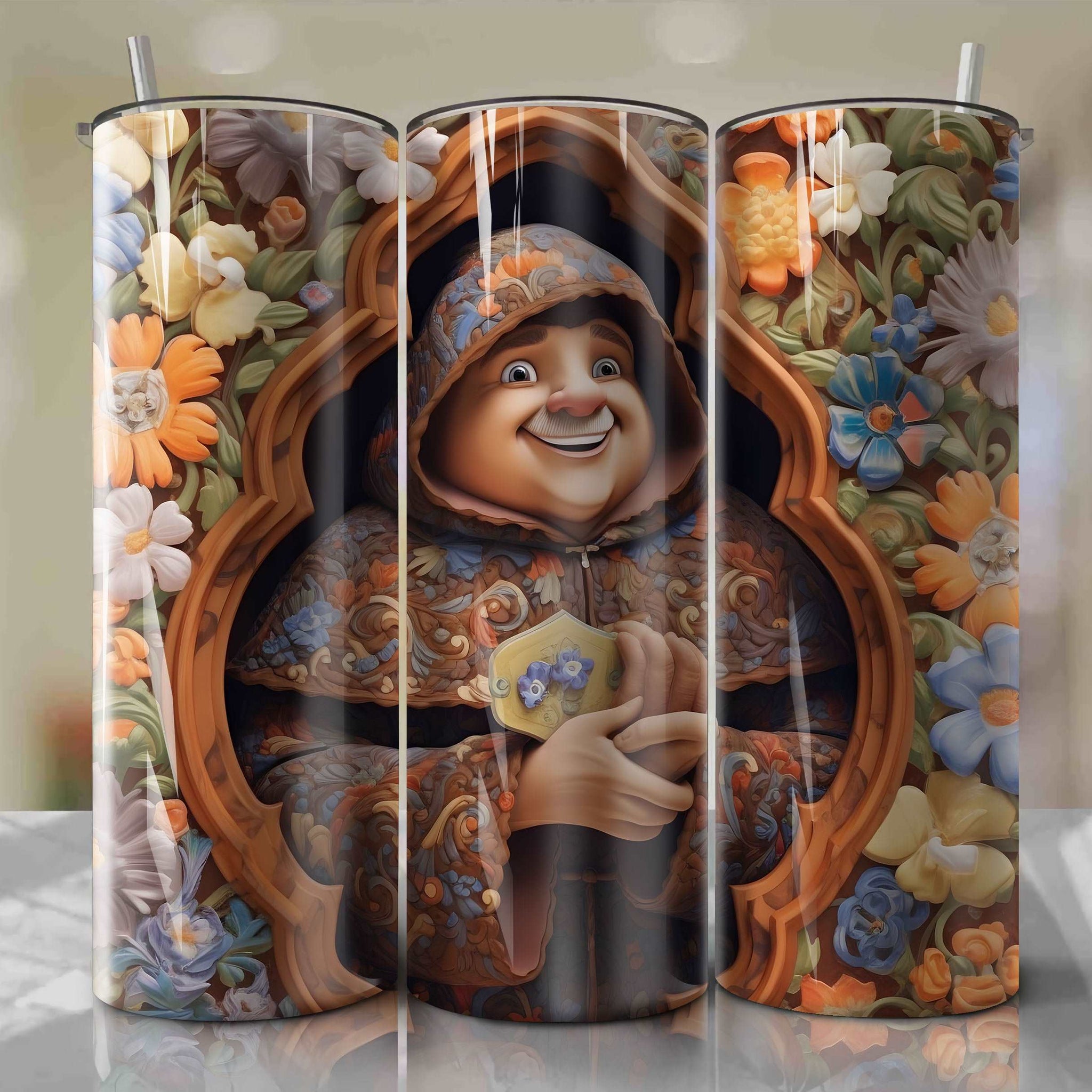 3D Floral Friar Tuck Skinny Tumbler 20oz Wrap PNG - Sublimation