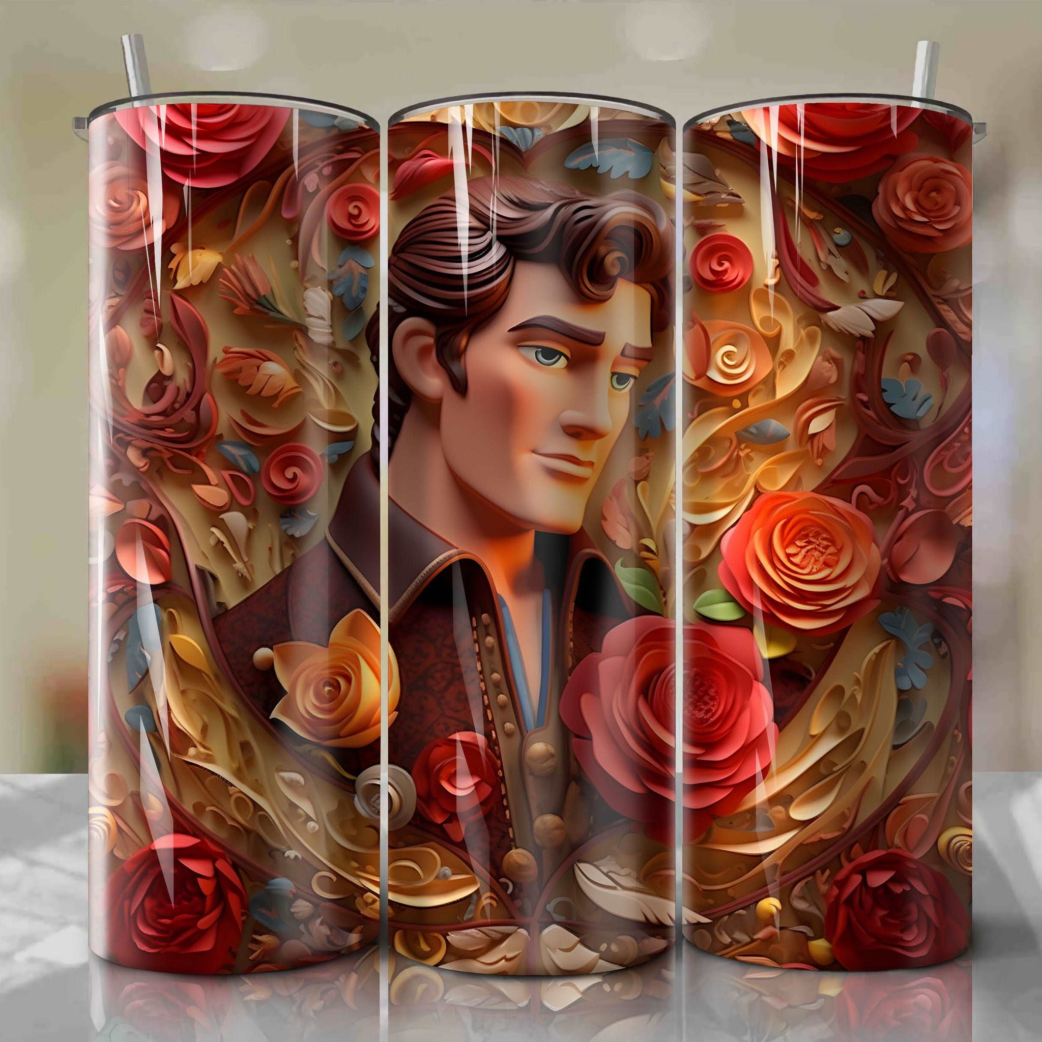 3D Floral Gaston Skinny Tumbler 20oz Wrap PNG - Sublimation