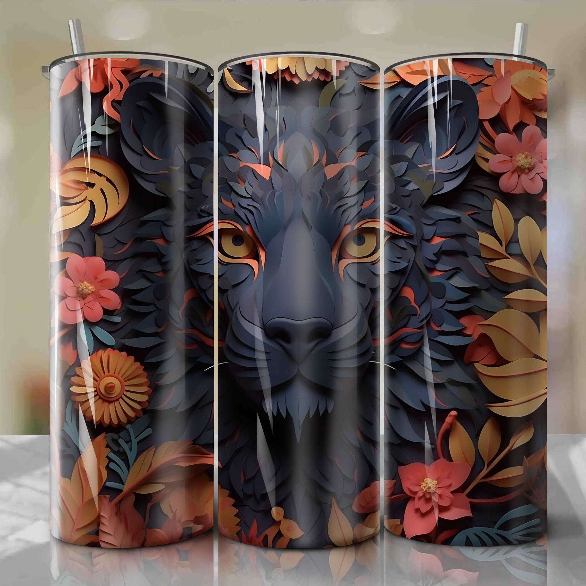 3D Floral Bagheera Skinny Tumbler 20oz Wrap PNG - Sublimation