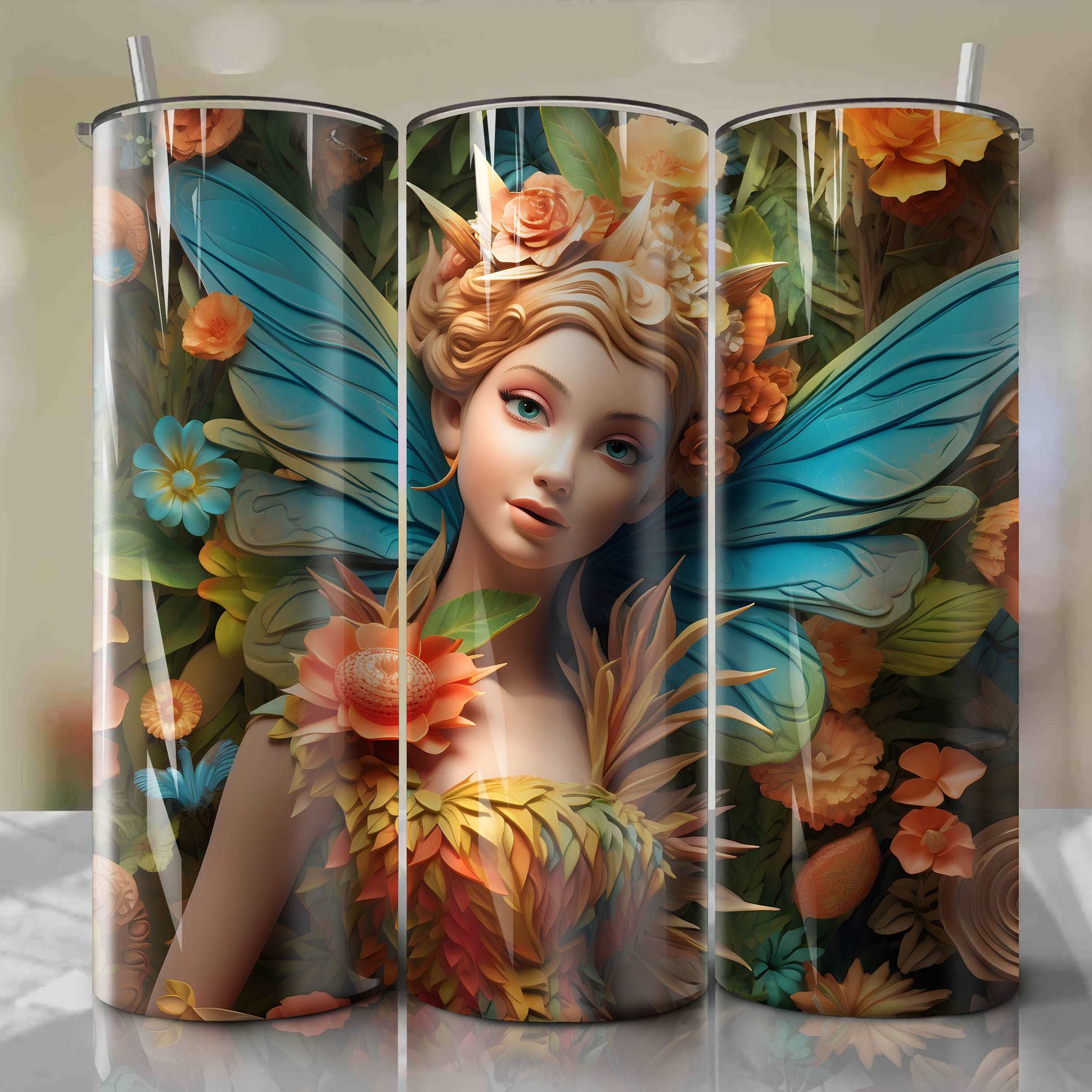 3D Floral Tinker Bell Skinny Tumbler 20oz Wrap PNG - Sublimation