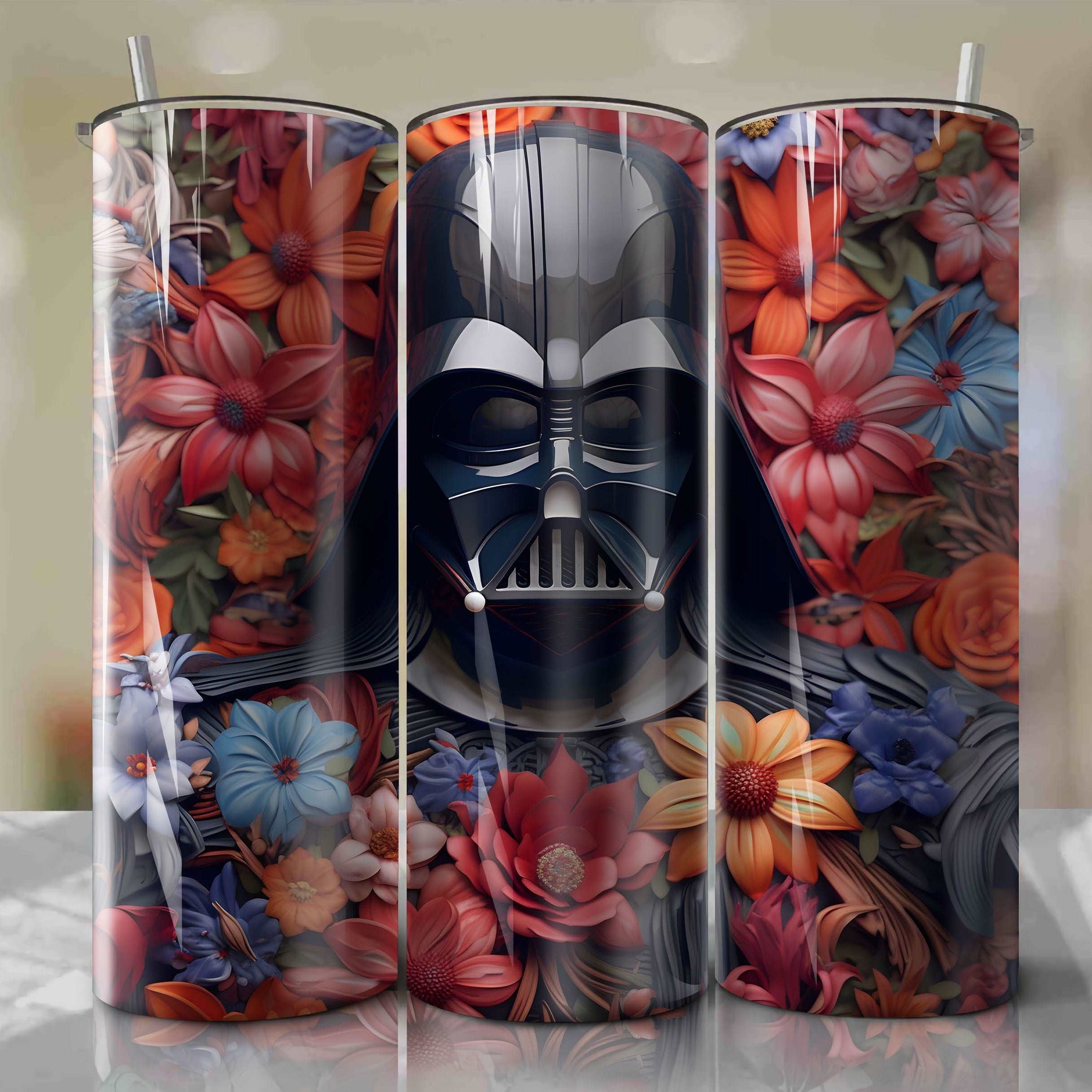 3D Floral Darth Vader Skinny Tumbler 20oz Wrap PNG - Sublimation - Digital Download