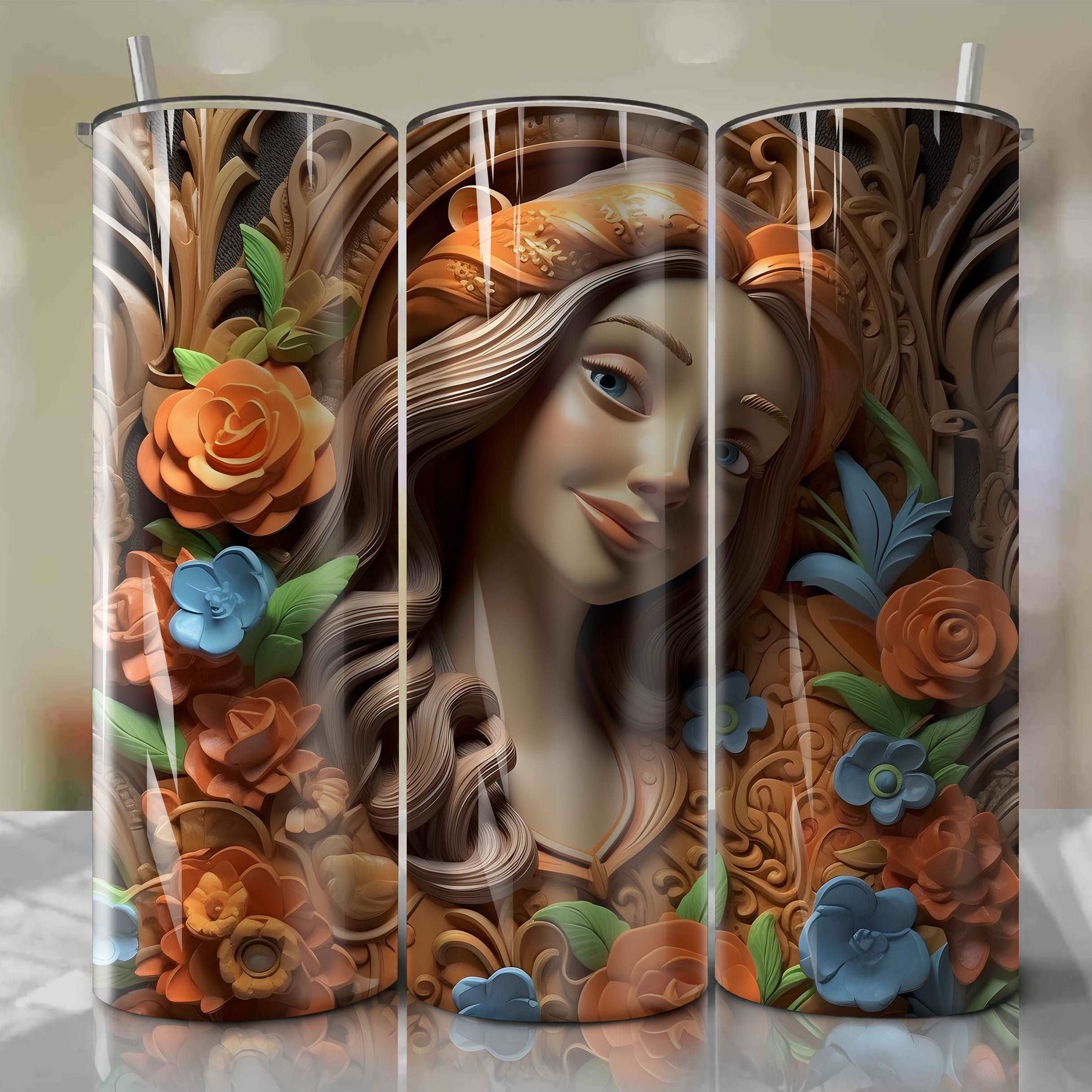 3D Floral Maid Marian Skinny Tumbler 20oz Wrap PNG - Sublimation