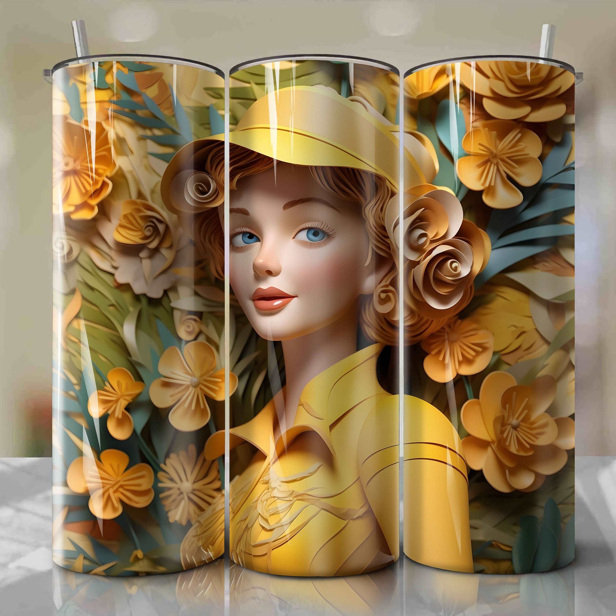 3D Floral Jane Porter Skinny Tumbler 20oz Wrap PNG - Sublimation