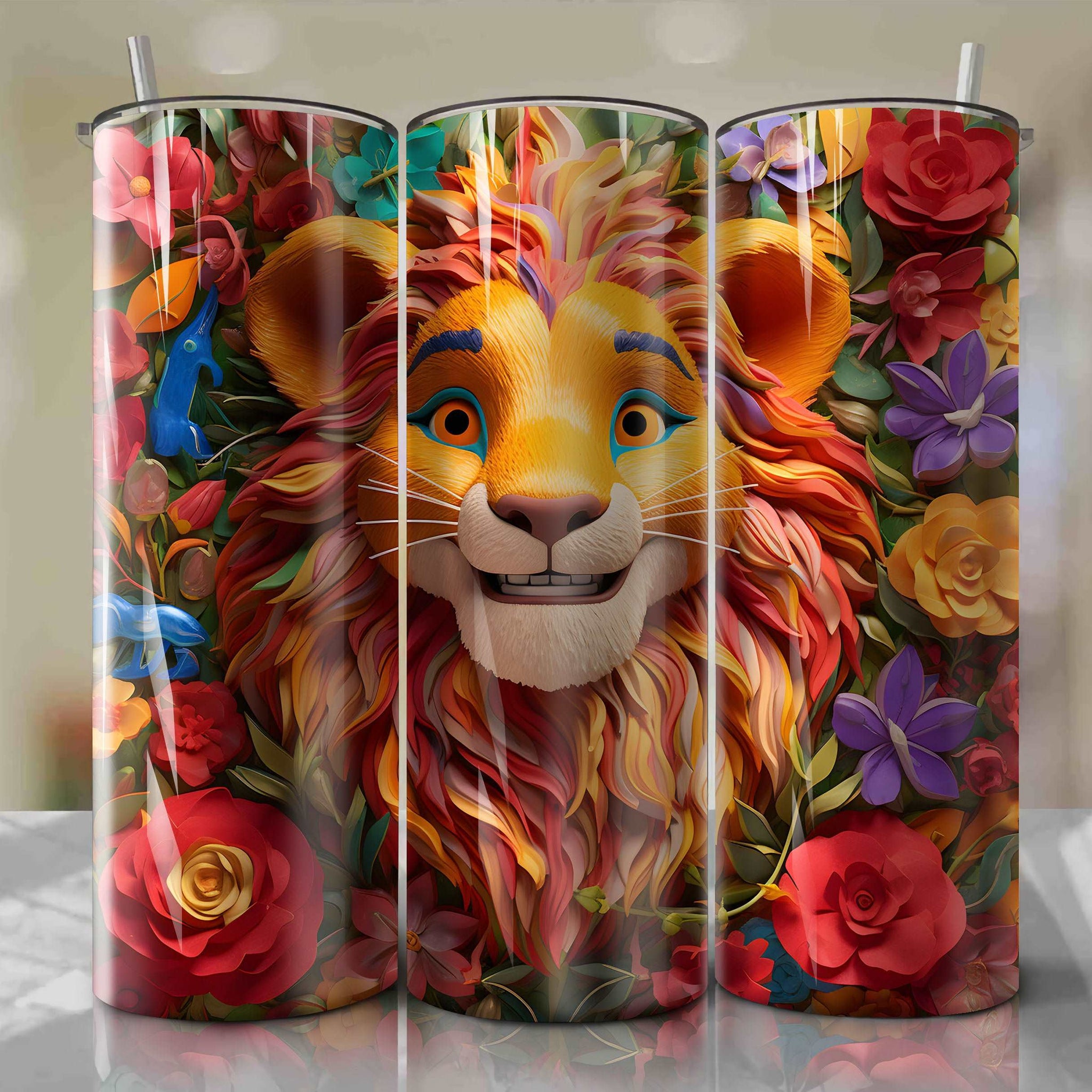 3D Floral Simba Skinny Tumbler 20oz Wrap PNG - Sublimation