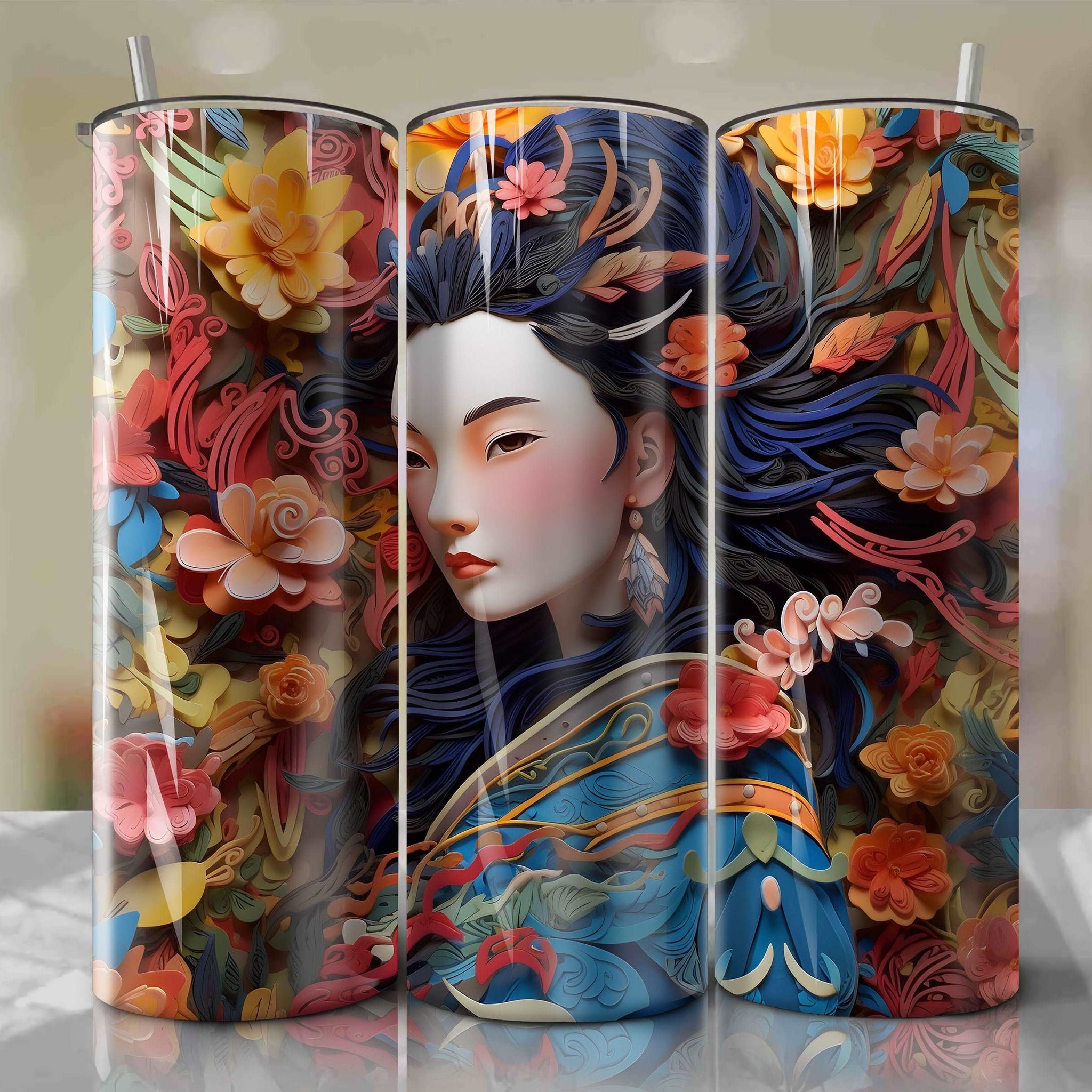 3D Floral Li Shang Skinny Tumbler 20oz Wrap PNG - Sublimation