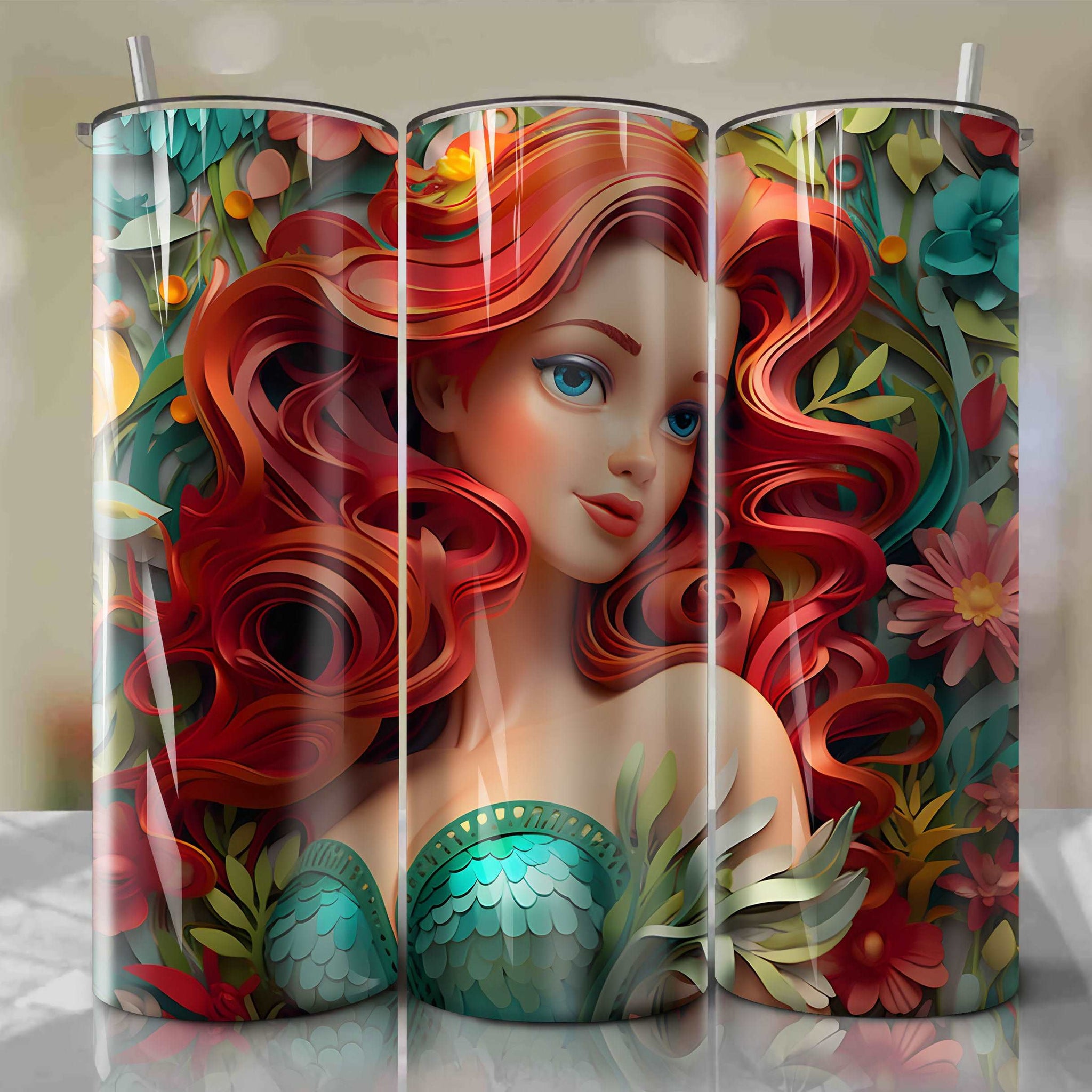 3D Floral Ariel Skinny Tumbler 20oz Wrap PNG - Sublimation