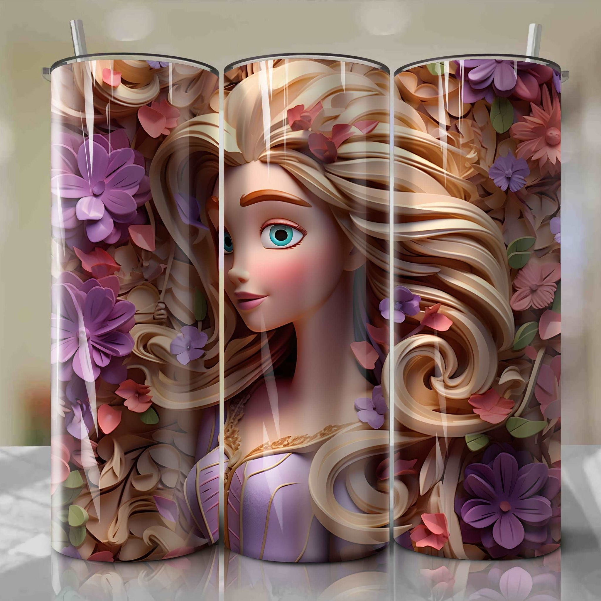 3D Floral Rapunzel Skinny Tumbler 20oz Wrap PNG - Sublimation