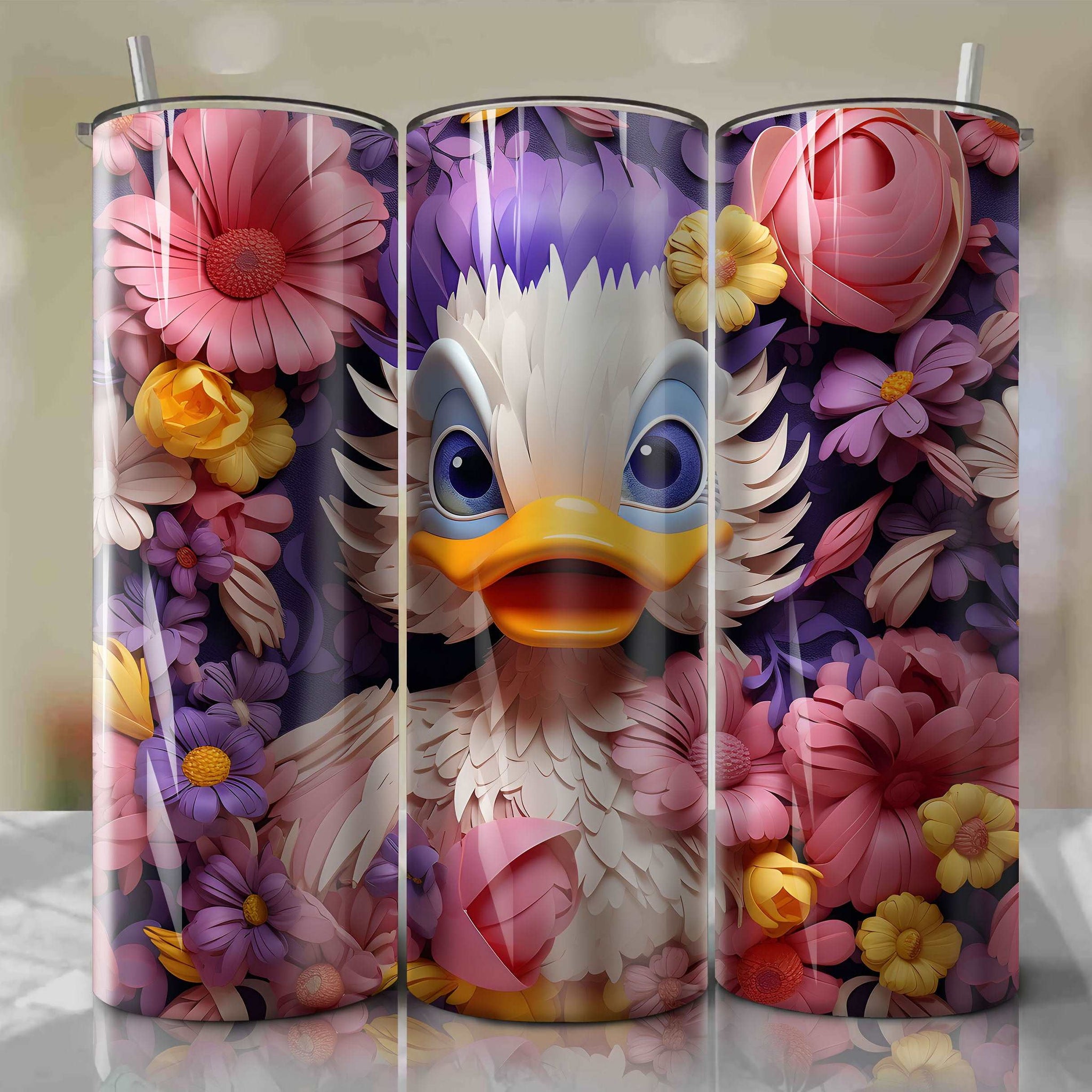 3D Floral Daisy Duck Skinny Tumbler 20oz Wrap PNG - Sublimation