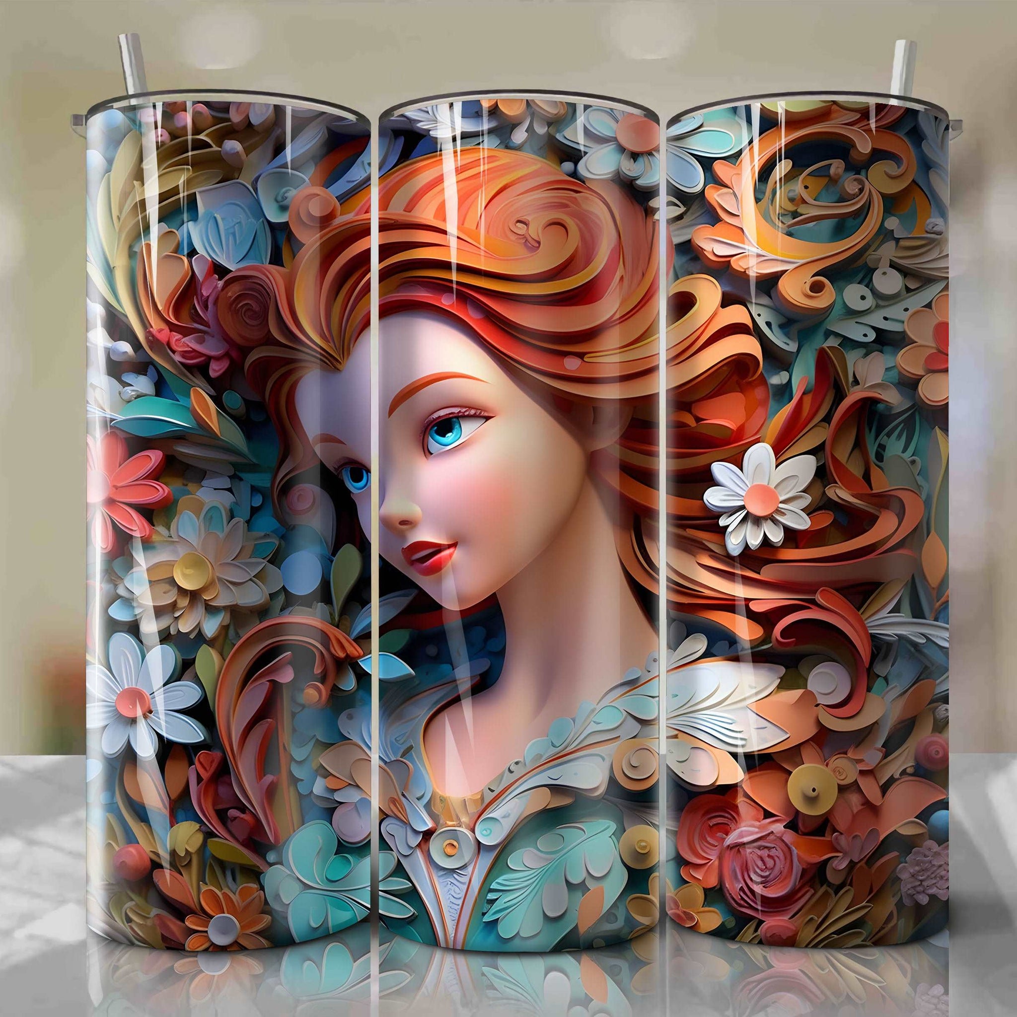 3D Floral Anna Skinny Tumbler 20oz Wrap PNG - Sublimation