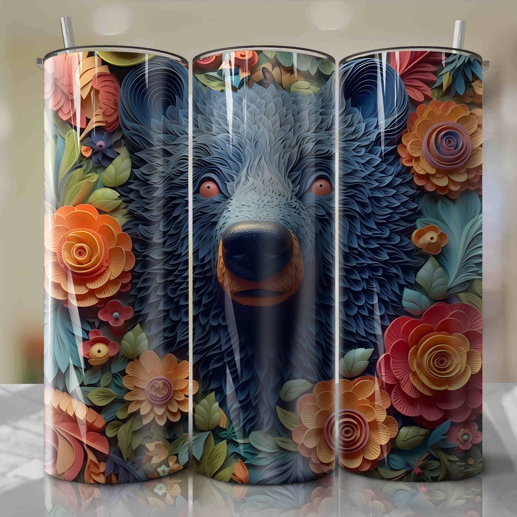 Baloo 3D Floral Skinny Tumbler 20oz Wrap PNG - Sublimation - Digital Download