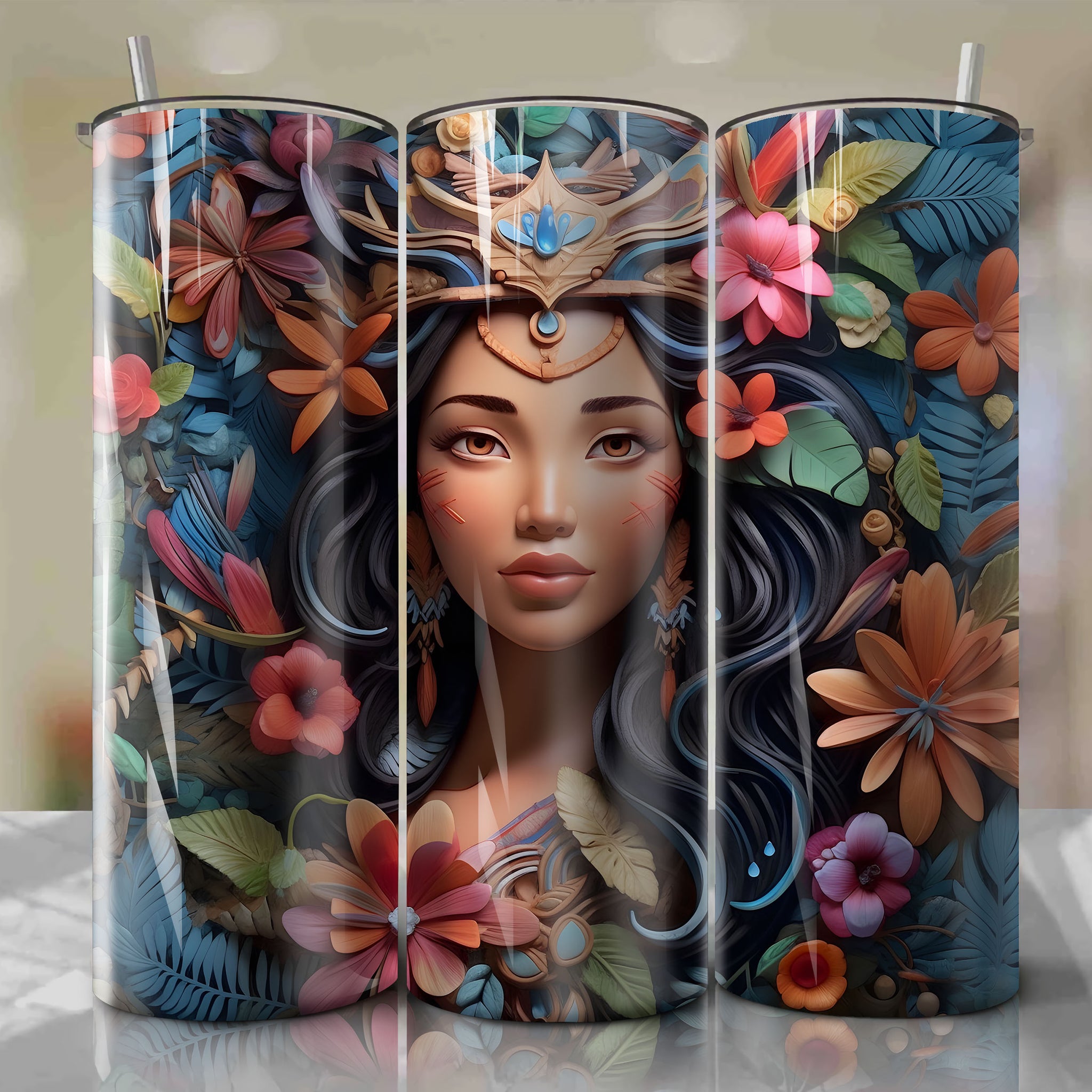 Pocahontas 3D Floral Skinny Tumbler 20oz Wrap PNG - Sublimation - Digital Download