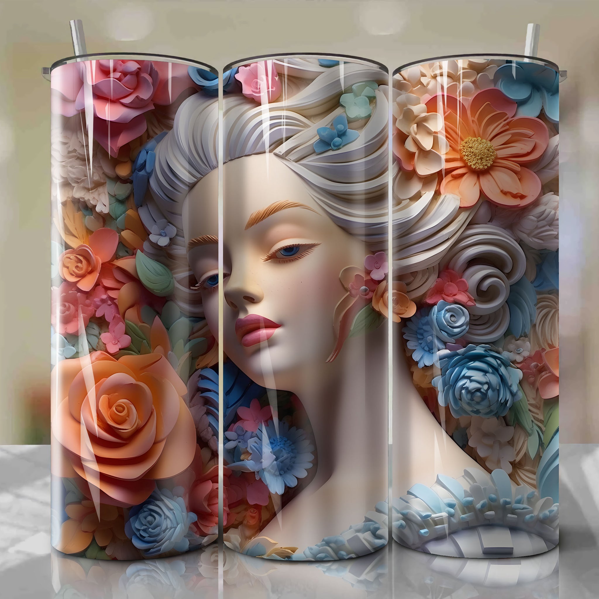 Gus Gus 3D Floral Skinny Tumbler 20oz Wrap PNG - Sublimation - Digital Download