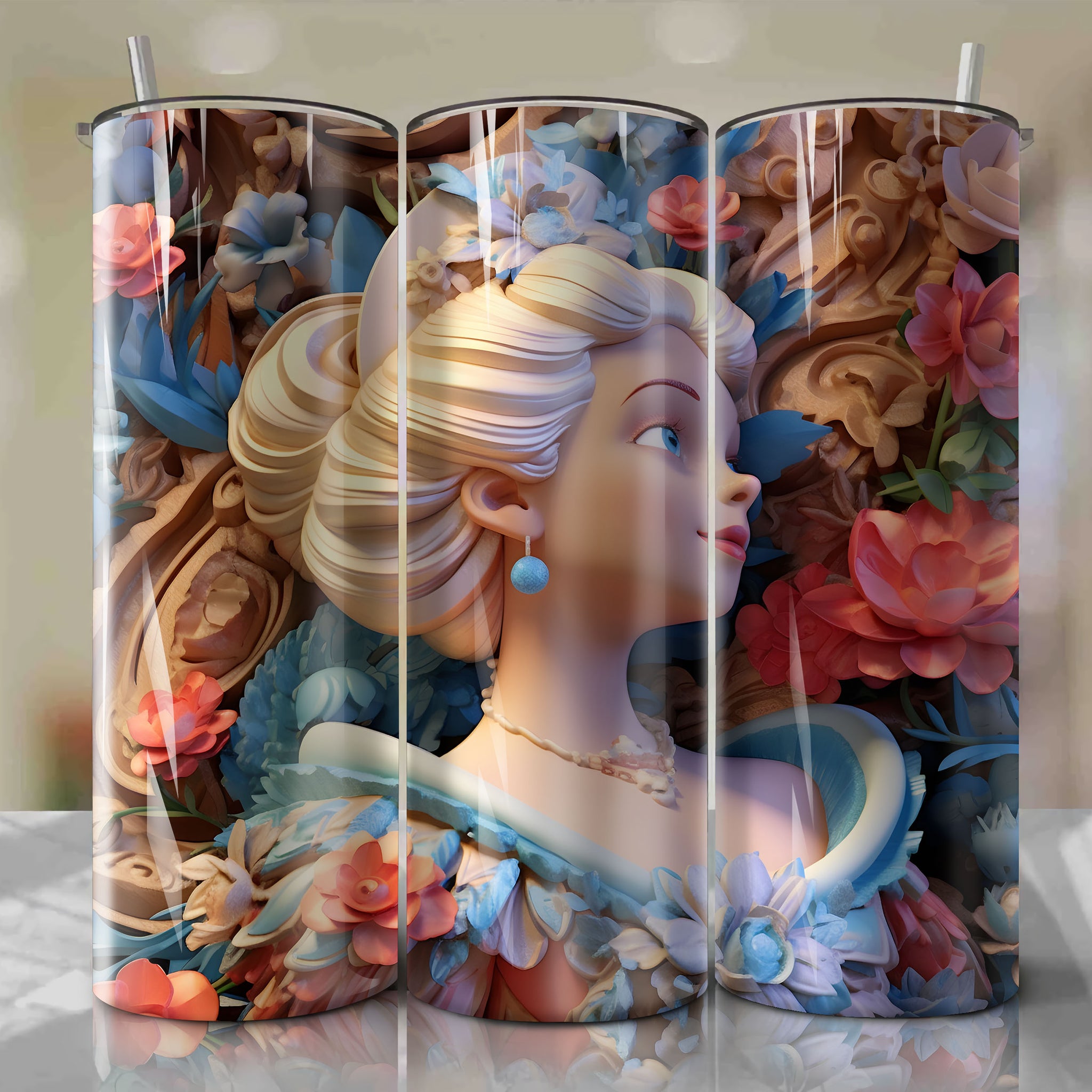 Cinderella 3D Floral Skinny Tumbler 20oz Wrap PNG - Sublimation - Digital Download