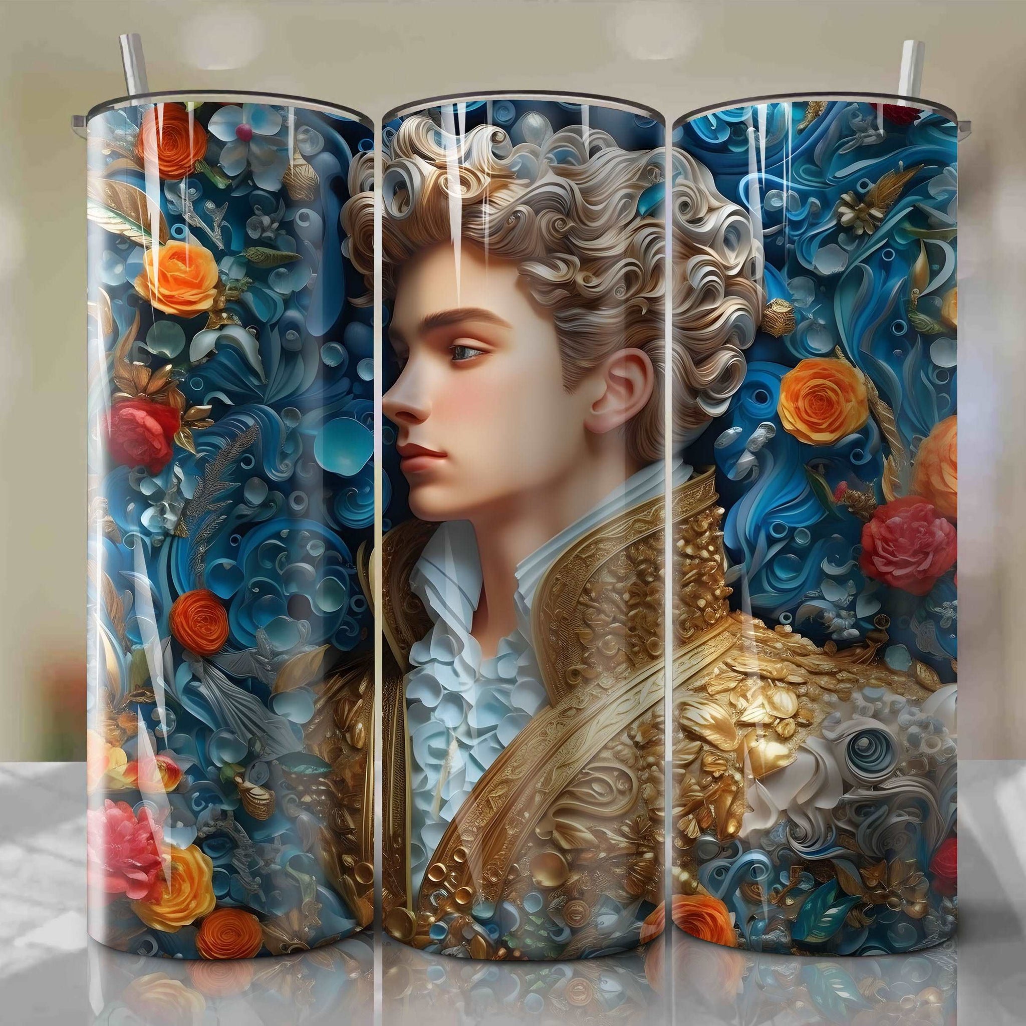 Prince Charming 3D Floral Skinny Tumbler 20oz Wrap PNG - Sublimation - Digital Download