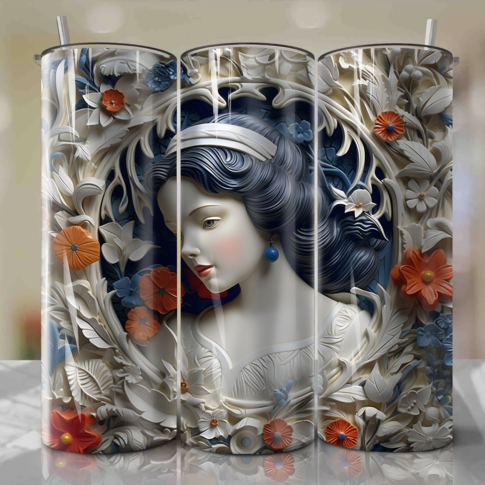 Snow White 3D Floral Skinny Tumbler 20oz Wrap PNG - Sublimation - Digital Download